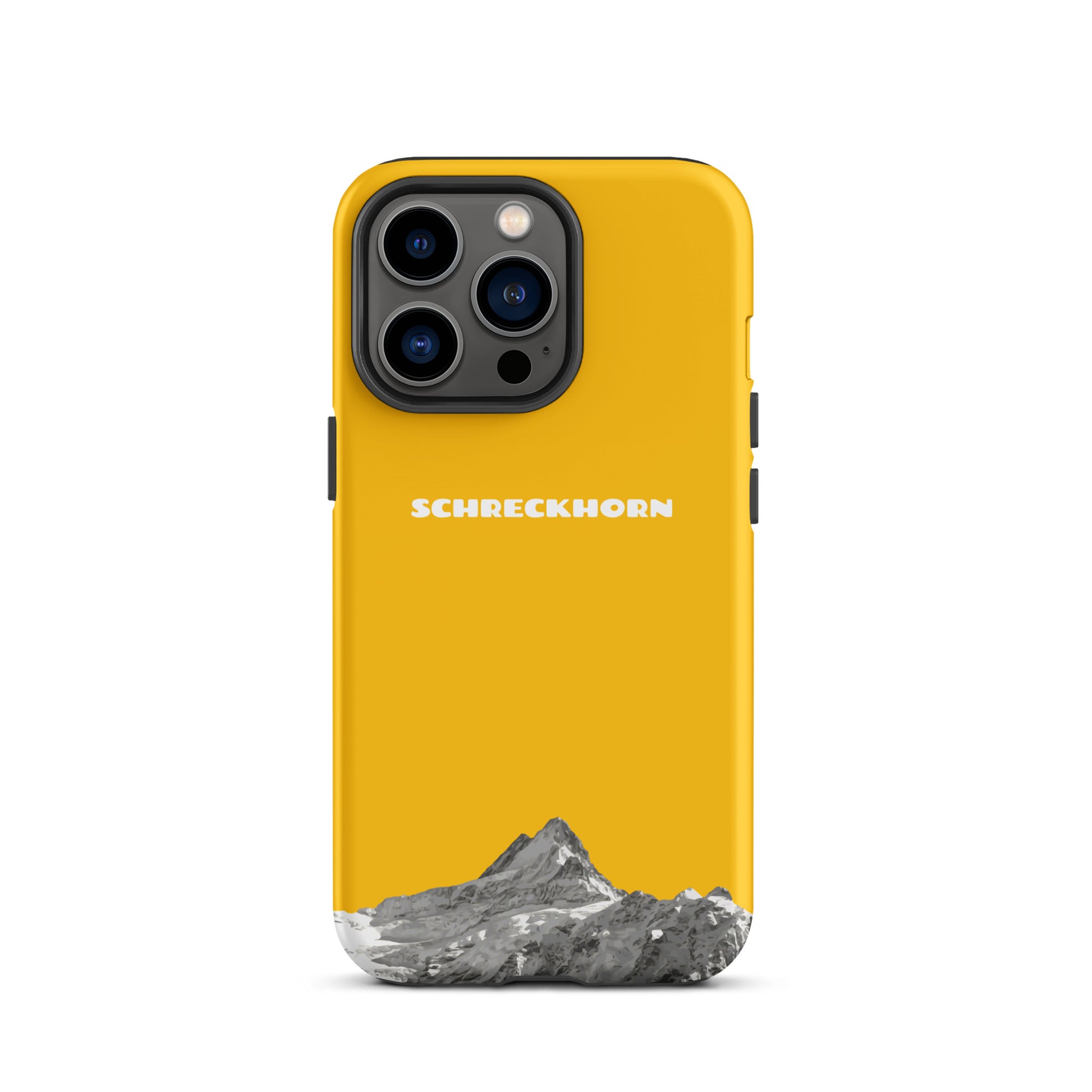 Goldgelbe iPhone 13 Pro Handyhülle mit Schreckhorn-Motiv, robustes Design, präzise Aussparungen.
