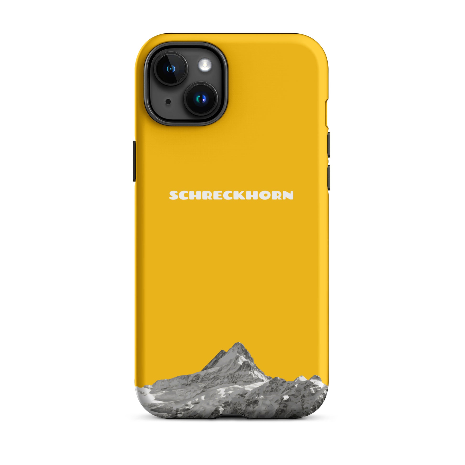 Goldgelbe iPhone 15 Plus Hülle mit Schreckhorn-Motiv, schützende Silikonhülle.