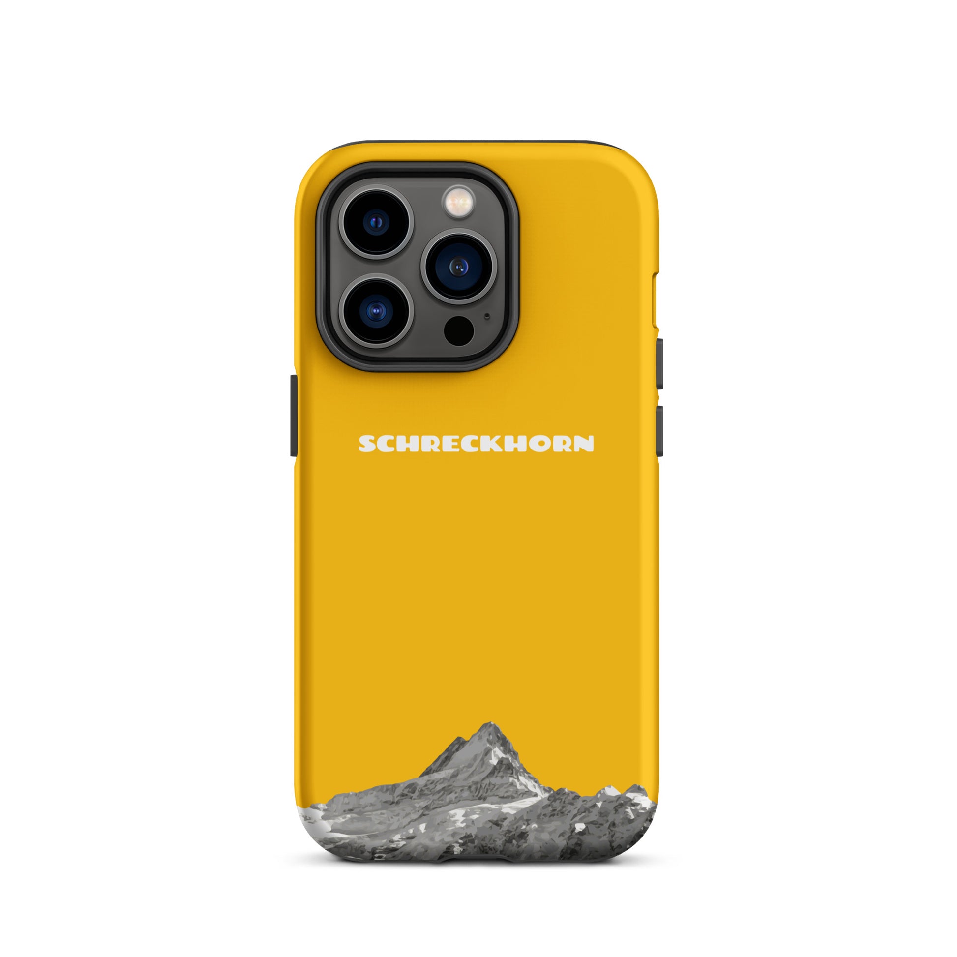 Goldgelbe iPhone 14 Pro Lederhülle mit Schreckhorn-Design, präzise Ausschnitte für Kamera und Tasten