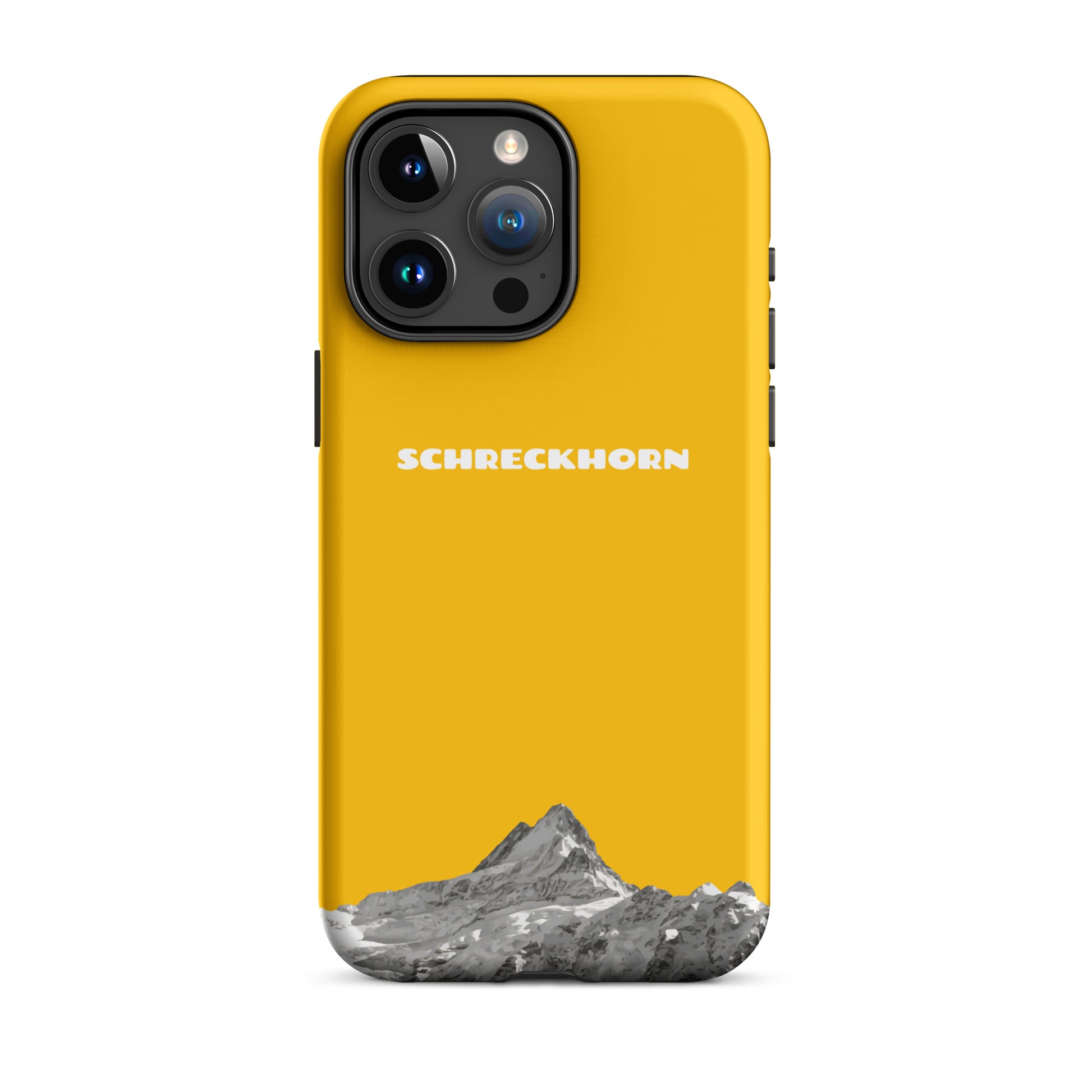 Goldgelbe iPhone 15 Pro Max Hülle mit Schreckhorn-Motiv, stoßfest und elegant