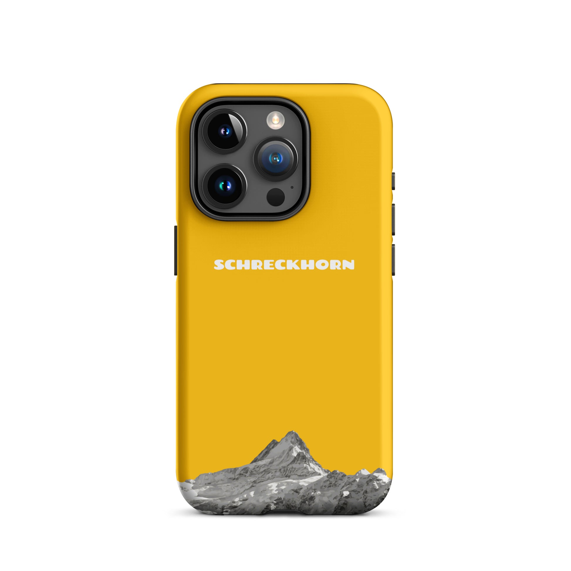 Goldgelbe iPhone 15 Pro Hülle mit Schreckhorn-Design, schützende Silikonhülle.