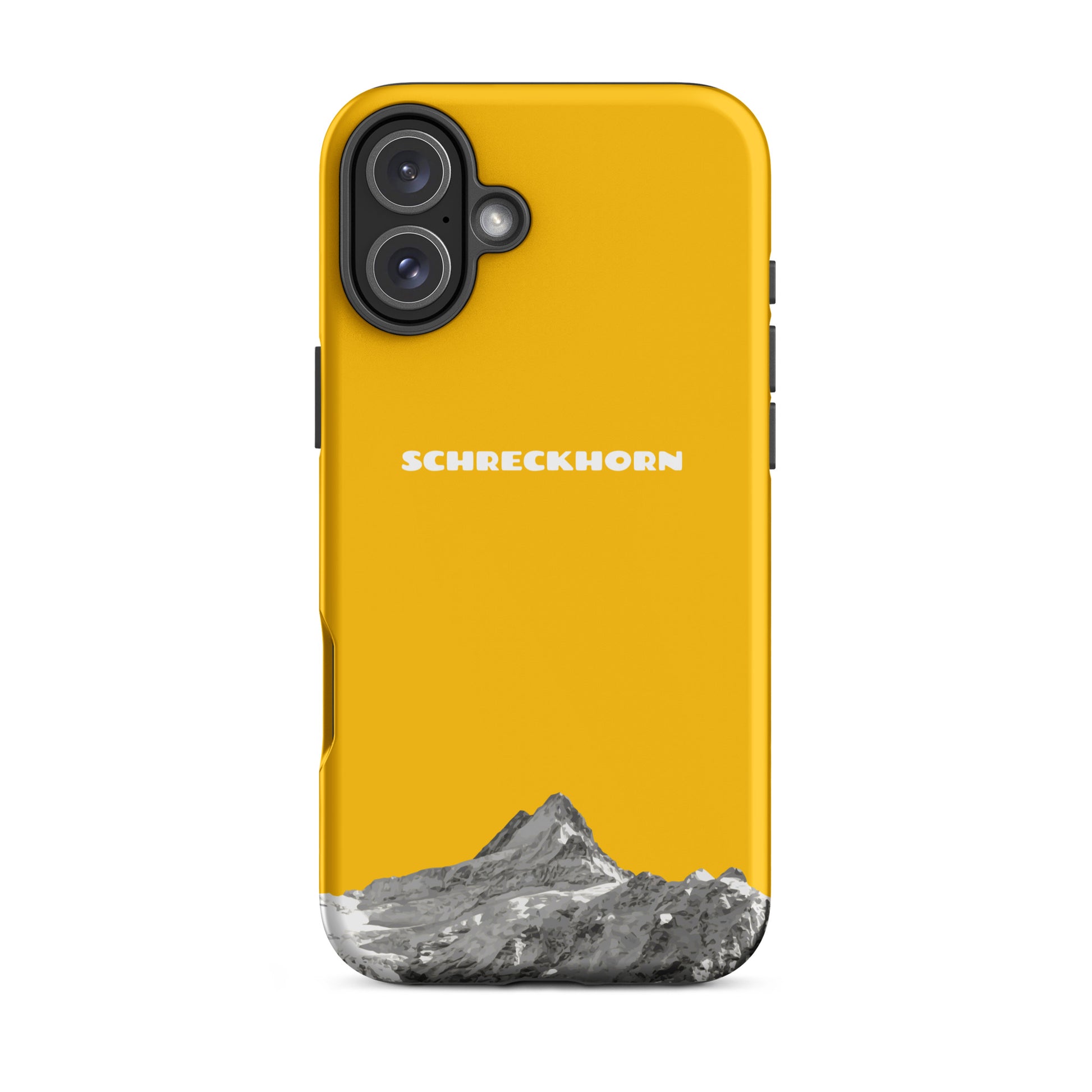 Goldgelbe iPhone 16 Plus Handyhülle mit Schreckhorn-Design aus robustem Kunststoff, Seitenansicht