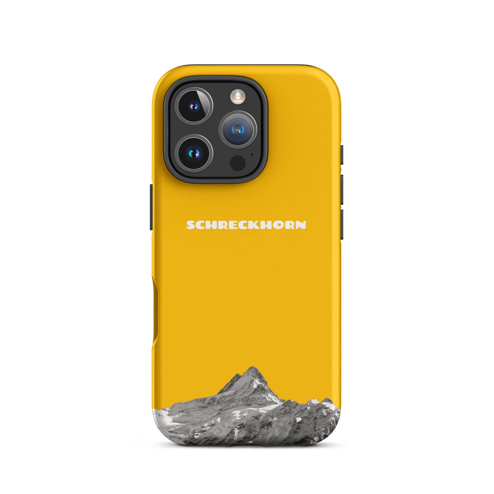 Goldgelbe iPhone 16 Pro Handyhülle mit Schreckhorn-Motiv aus robustem Kunststoff.
