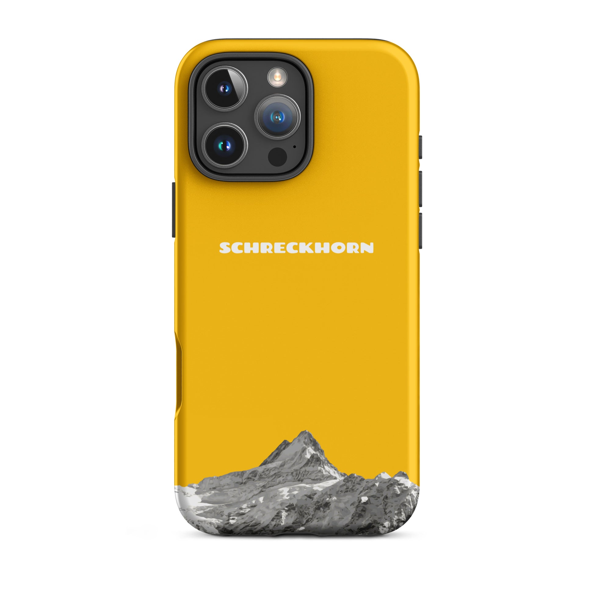 Goldgelbe iPhone 16 Pro Max Hülle mit Schreckhorn-Motiv, Seitenansicht.