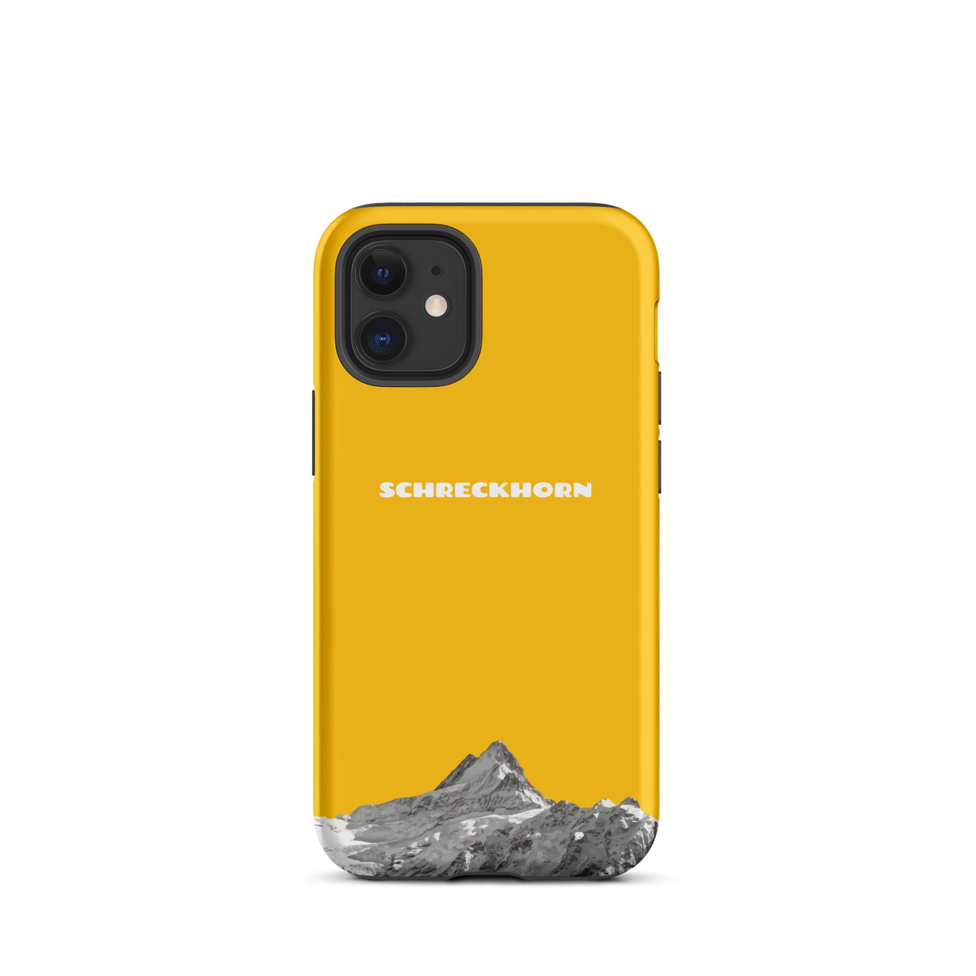 Goldgelbe iPhone Hülle mit Schreckhorn Motiv, passend für iPhone 12 mini aus robustem Material