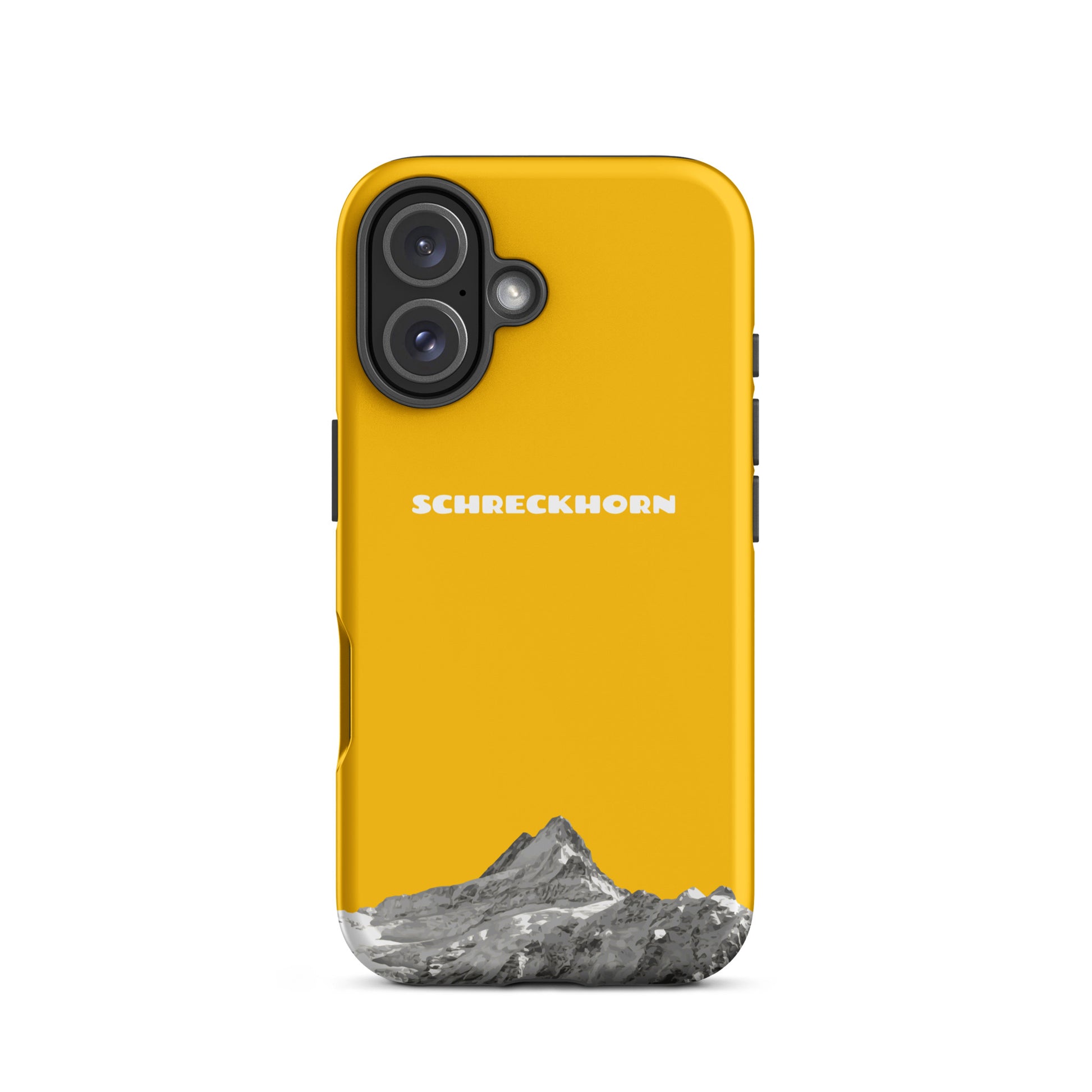 Goldgelbe iPhone Hülle mit Schreckhorn-Motiv, passend für Apple iPhone 16, aus robustem Material