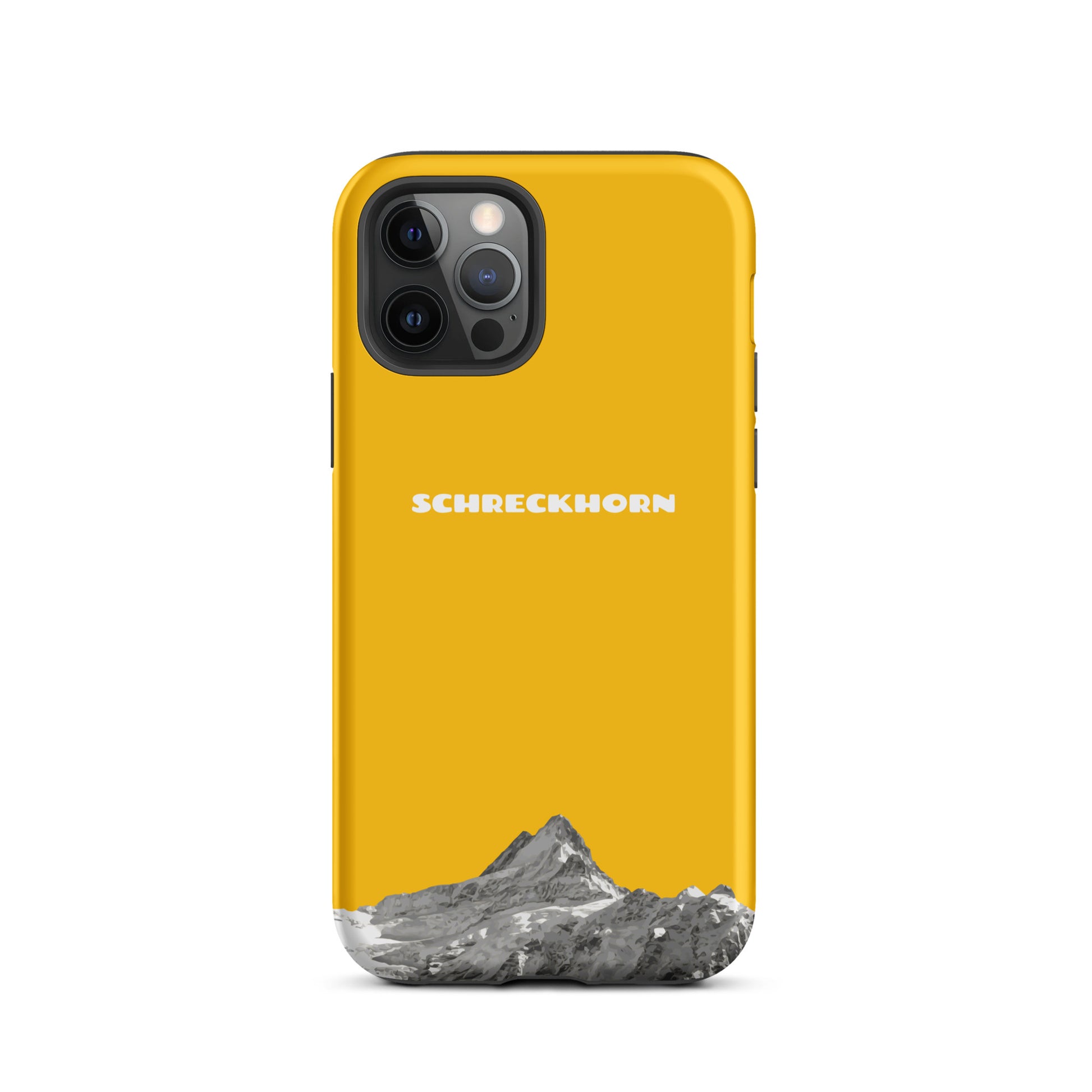 Goldgelbe iPhone 12 Pro Hülle mit Schreckhorn-Design, stossfest und elegant
