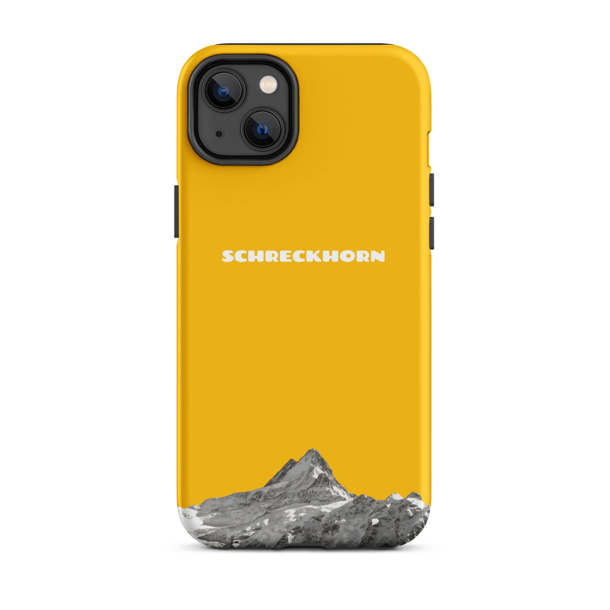 Goldgelbe iPhone 14 Plus Hülle mit Schreckhorn-Motiv, schützende Silikonhülle.