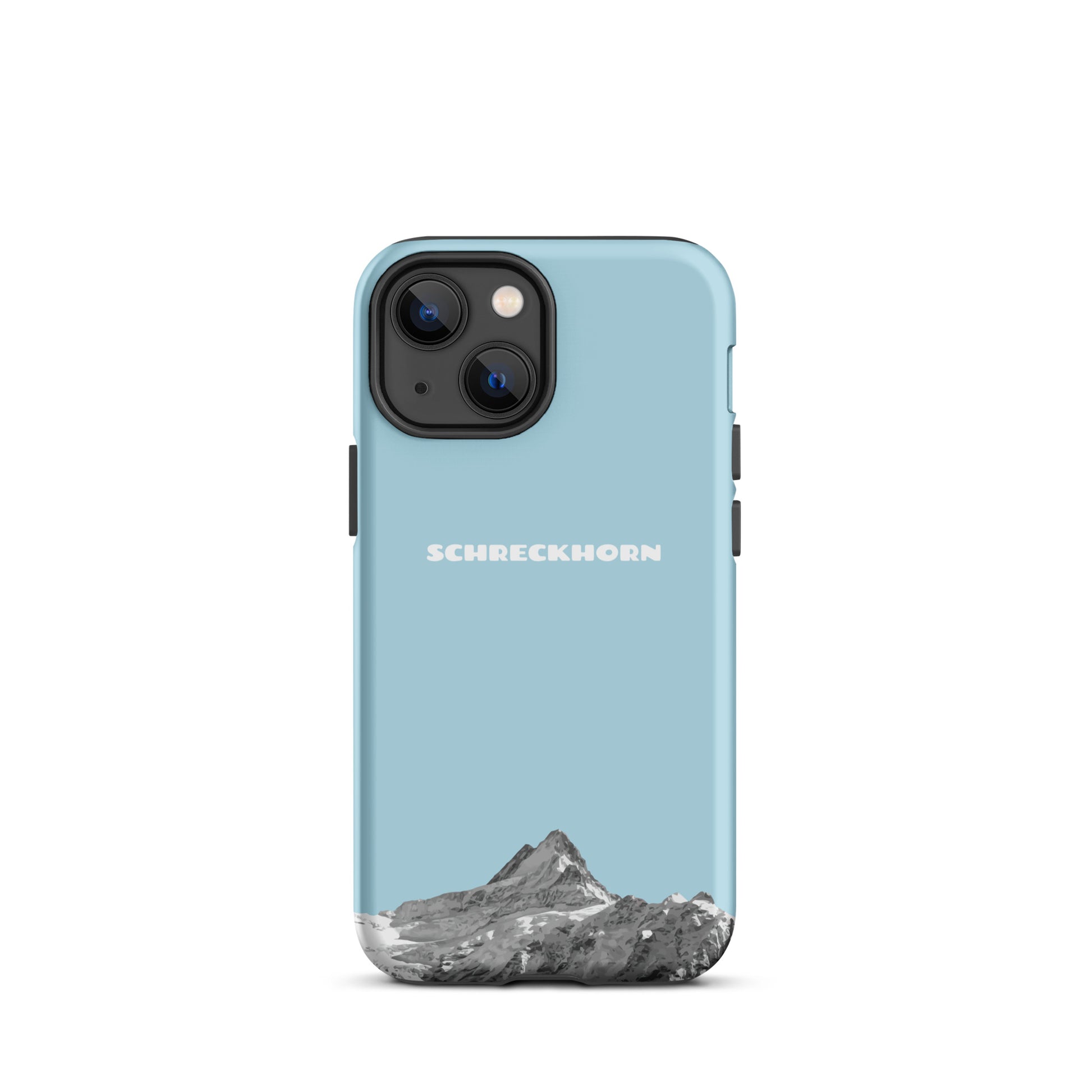 Hellblaue iPhone 13 mini Hülle mit Schreckhorn-Motiv aus robustem Kunststoff