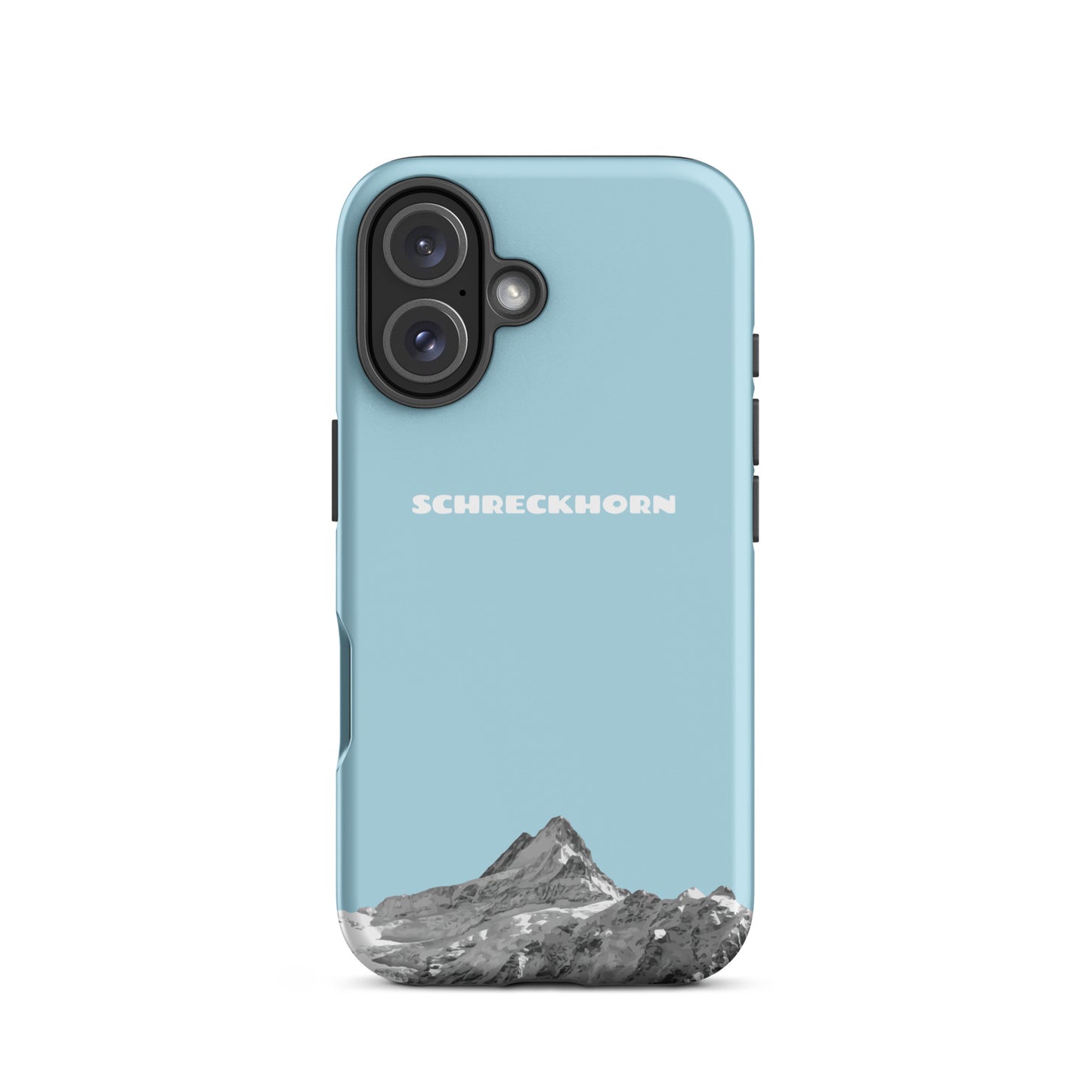 Hellblaue iPhone 16 Hülle mit Schreckhorn-Motiv aus strapazierfähigem Kunststoff.