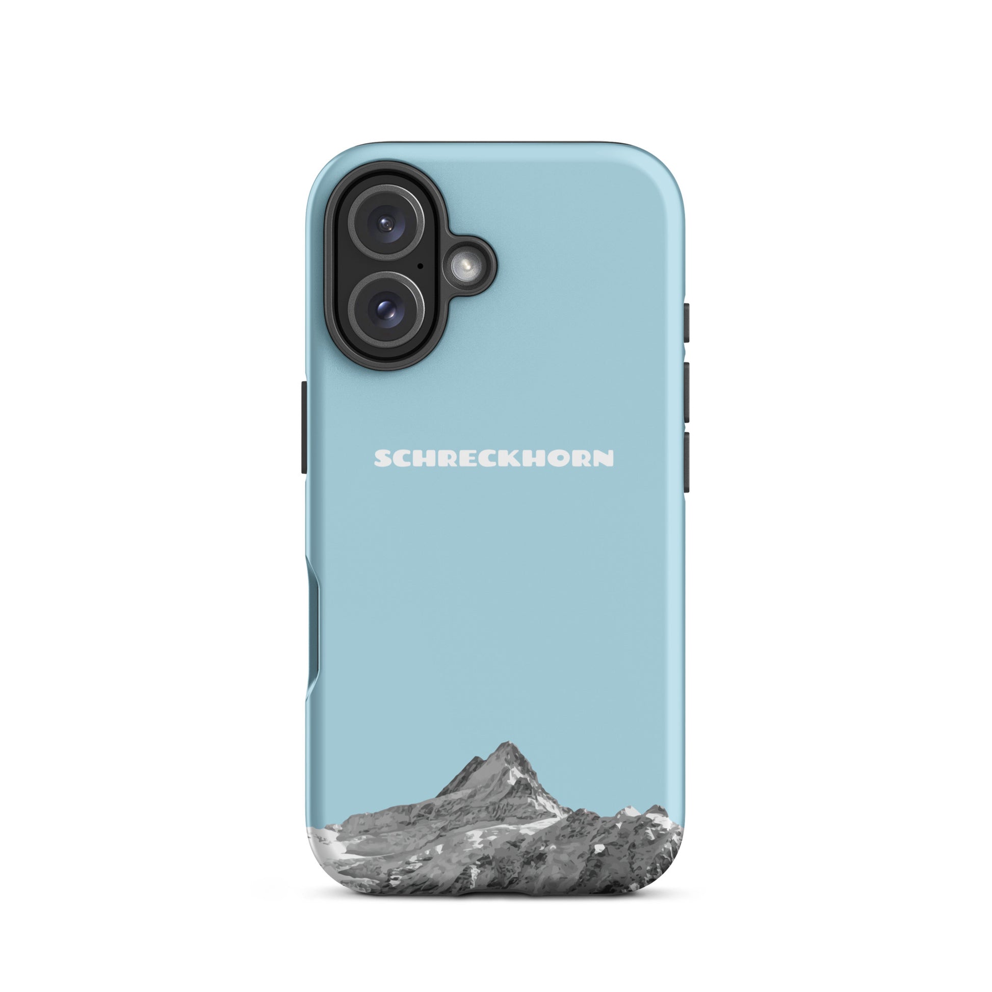 Hellblaue iPhone 16 Hülle mit Schreckhorn-Motiv aus strapazierfähigem Kunststoff.
