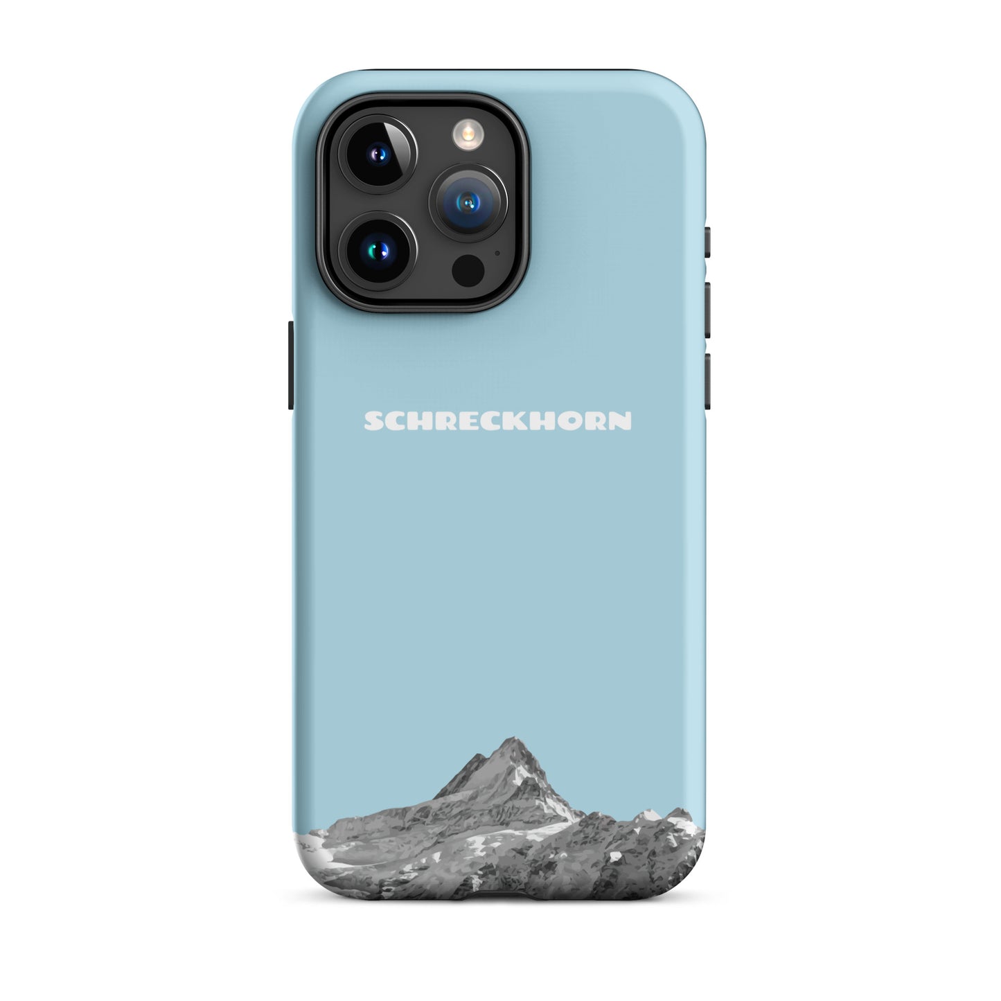 Hellblaue iPhone 15 Pro Max Hülle mit Schreckhorn-Motiv aus robustem Kunststoff