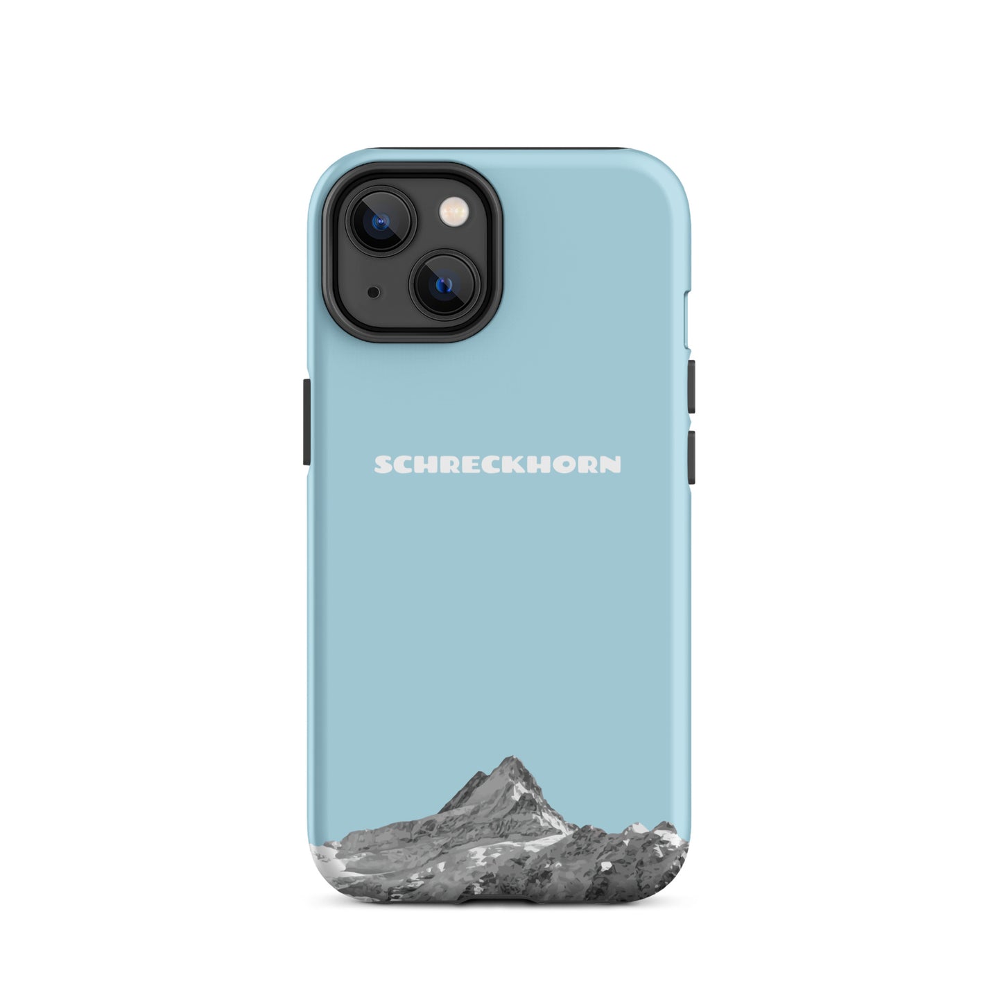 Hellblaue iPhone 14 Hülle mit Schreckhorn-Motiv aus robustem Kunststoff