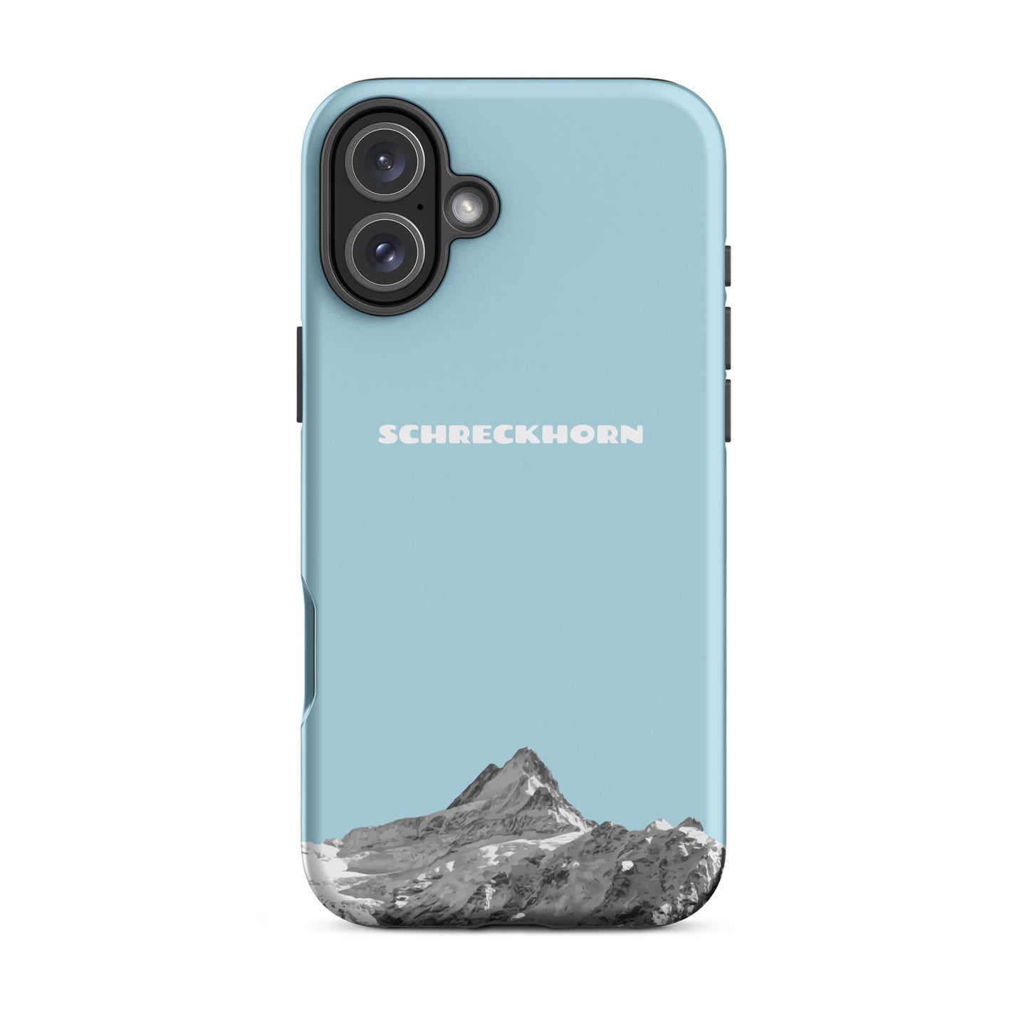 Hellblaue iPhone 16 Plus Hülle mit Schreckhorn-Motiv aus robustem Kunststoff