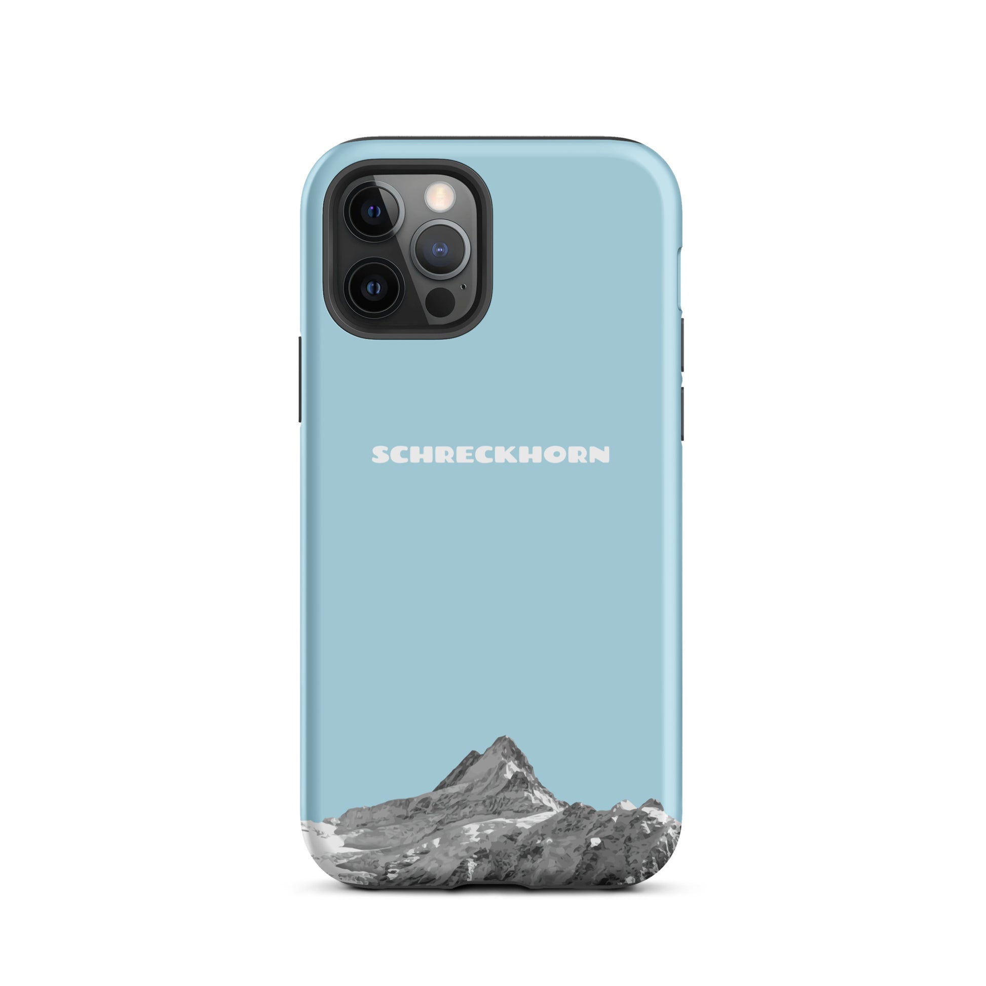 Hellblaue iPhone 12 Pro Hülle mit Schreckhorn-Motiv aus strapazierfähigem Material.