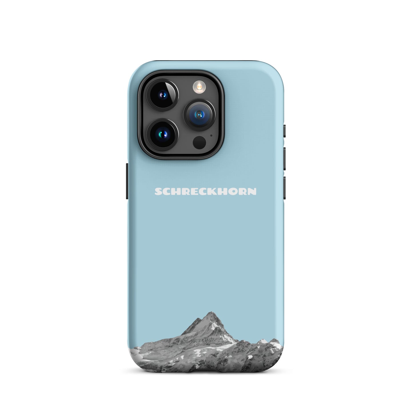 Hellblaue iPhone 15 Pro Hülle mit Schreckhorn-Design aus robustem Silikon, präzise Passform und Schutz für Ihr iPhone