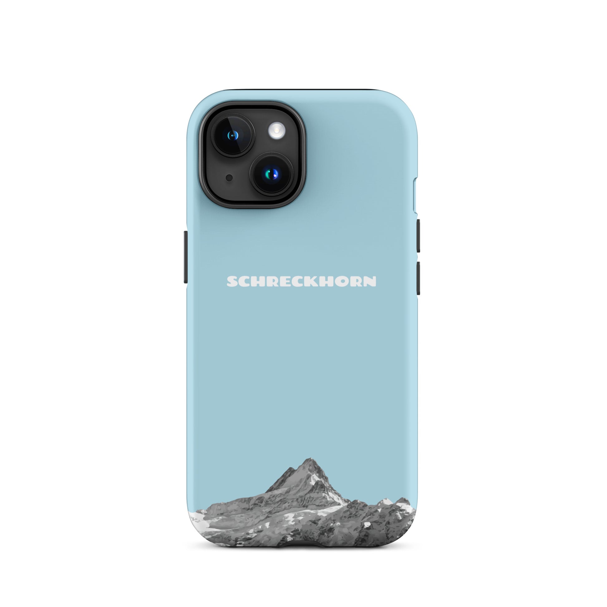 Hellblaue iPhone 15 Hülle mit Schreckhorn-Motiv, stoßfestes Silikon.