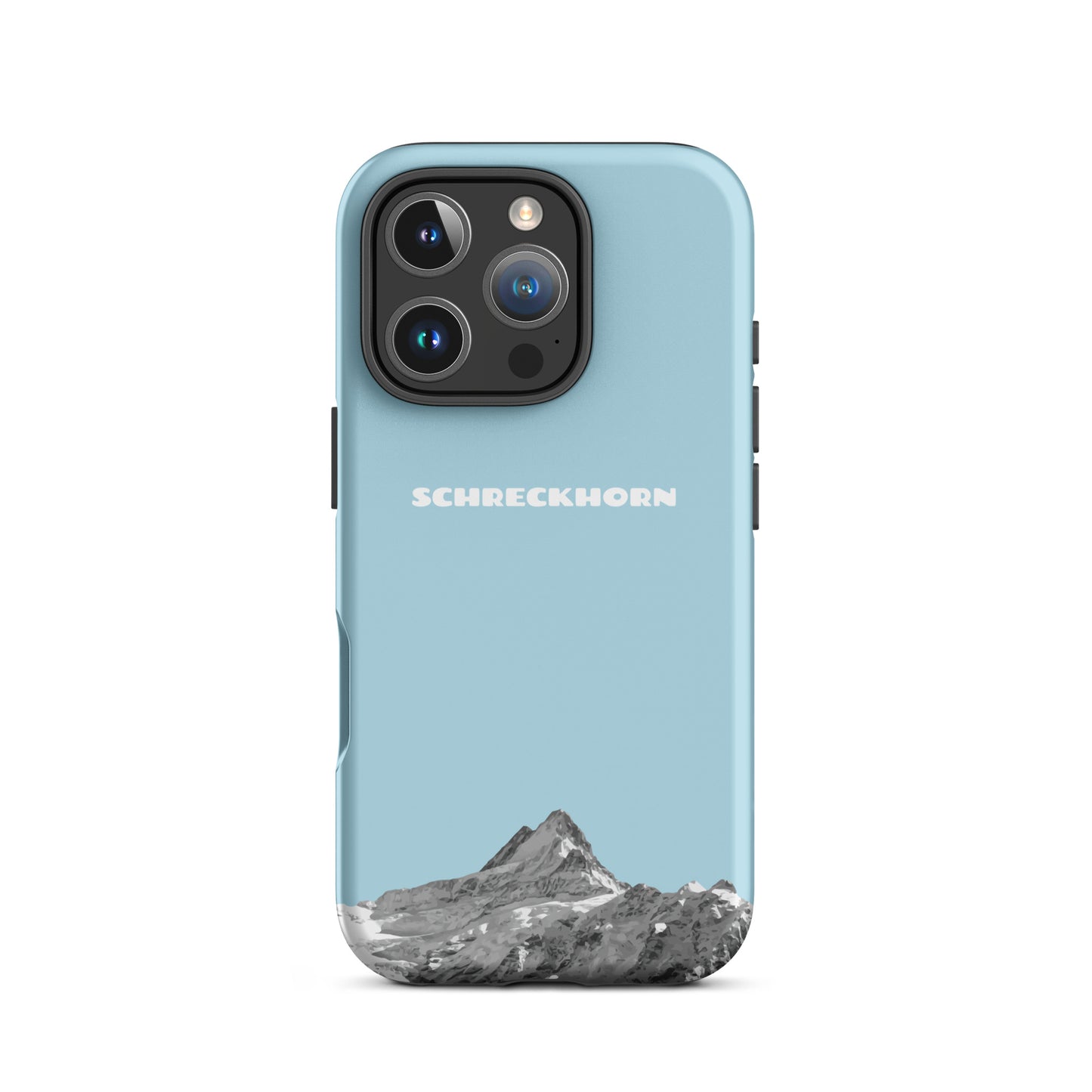 Hellblaue iPhone 16 Pro Hülle mit Schreckhorn-Motiv, stoßfestes Silikon.