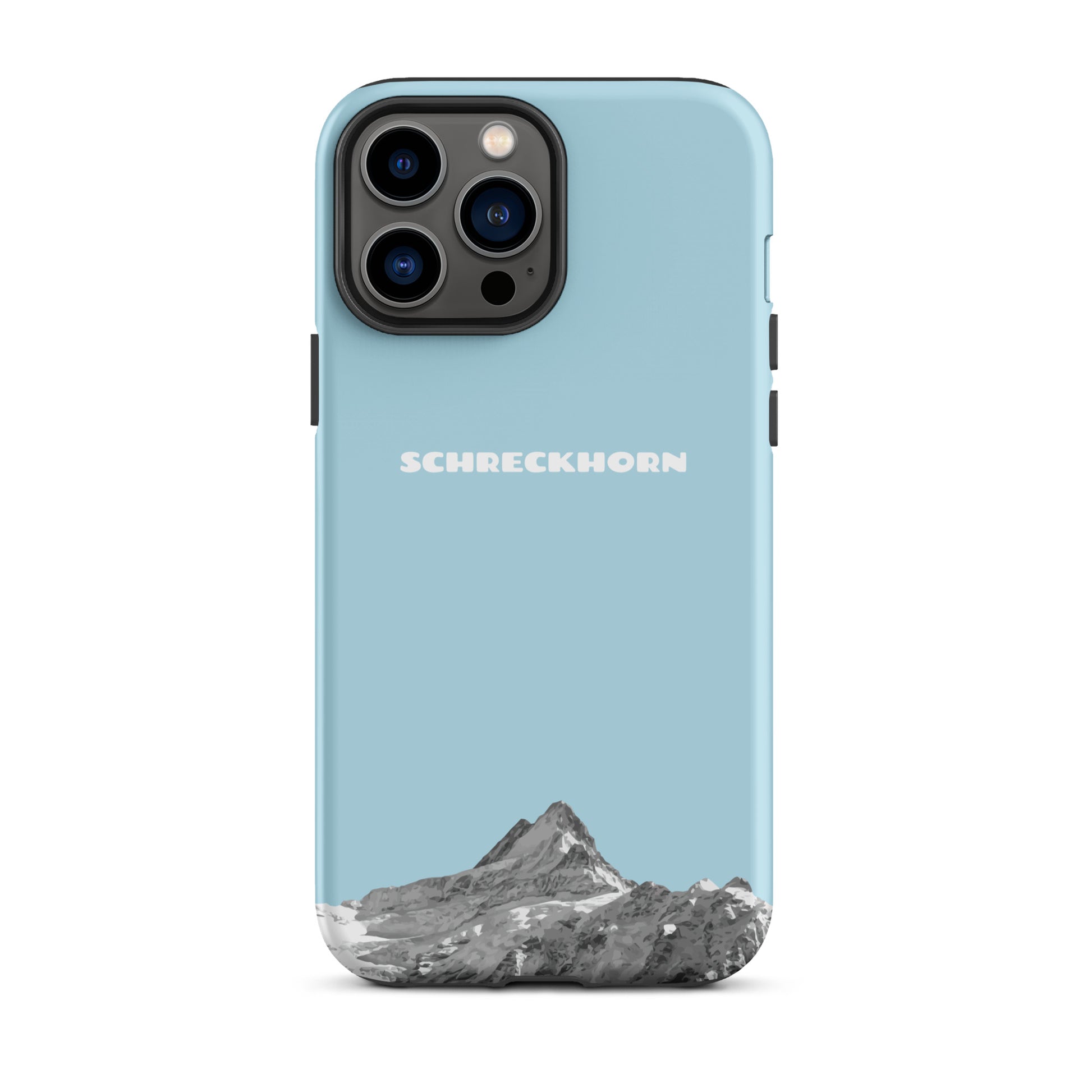Schlanke iPhone 13 Pro Max Hülle in Hellblau mit Schreckhorn-Motiv aus robustem Kunststoff.