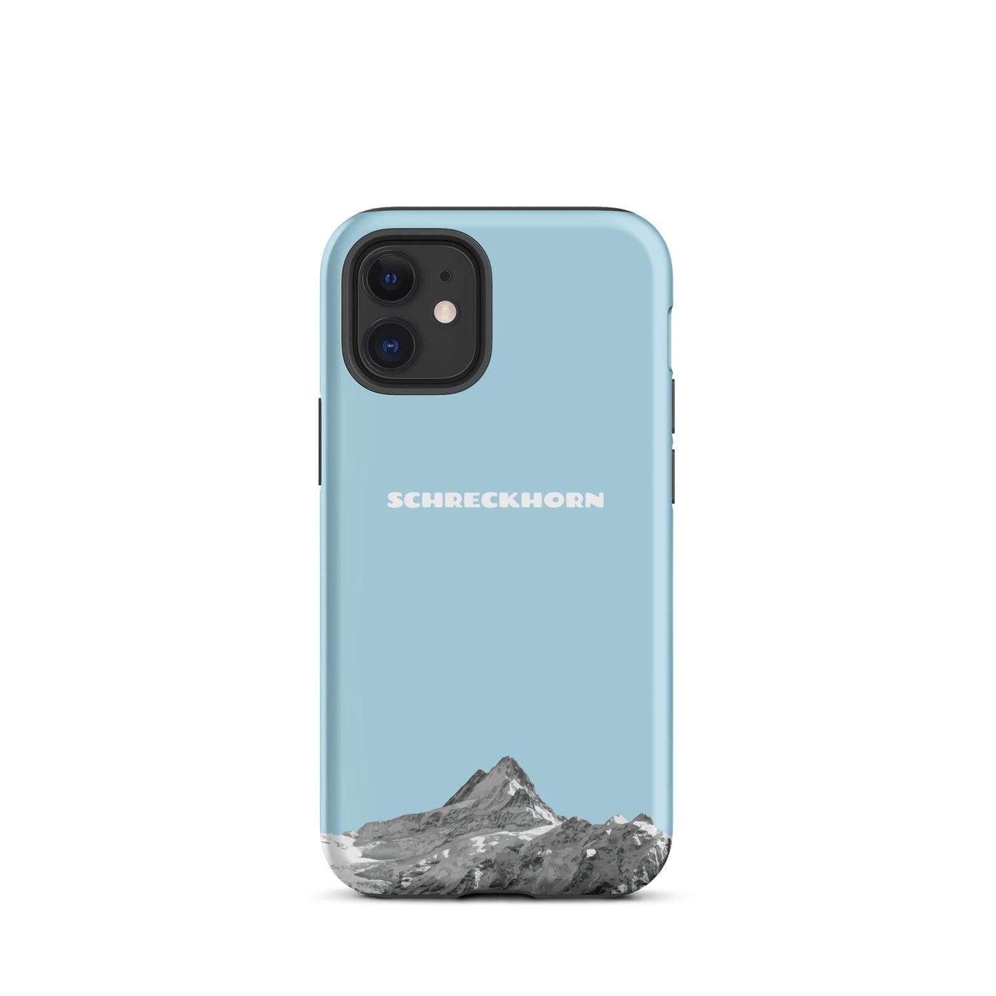 Hellblaue iPhone 12 mini Handyhülle mit Schreckhorn-Motiv, Silikon, stoßfest.