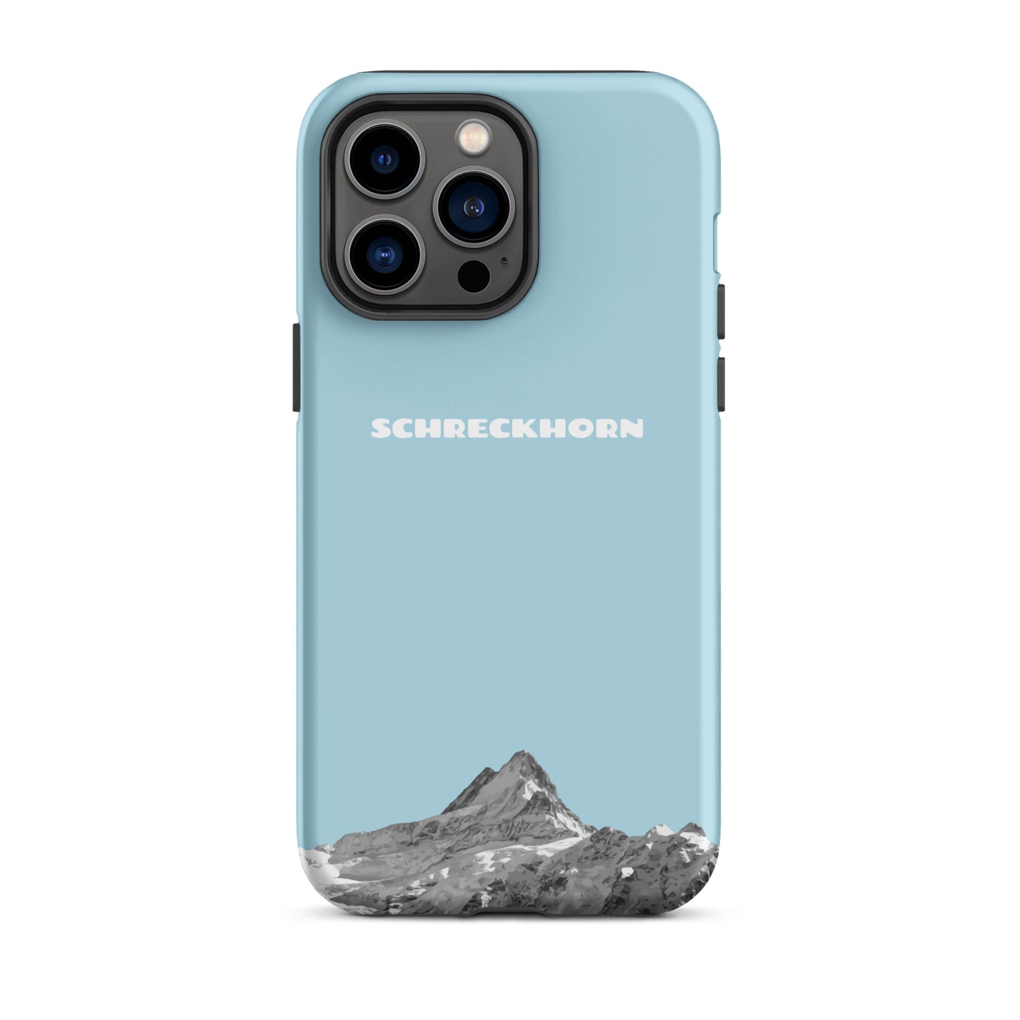 Schlanke iPhone 14 Pro Max Handyhülle in Hellblau mit Schreckhorn-Motiv, stoßfestes Silikonmaterial