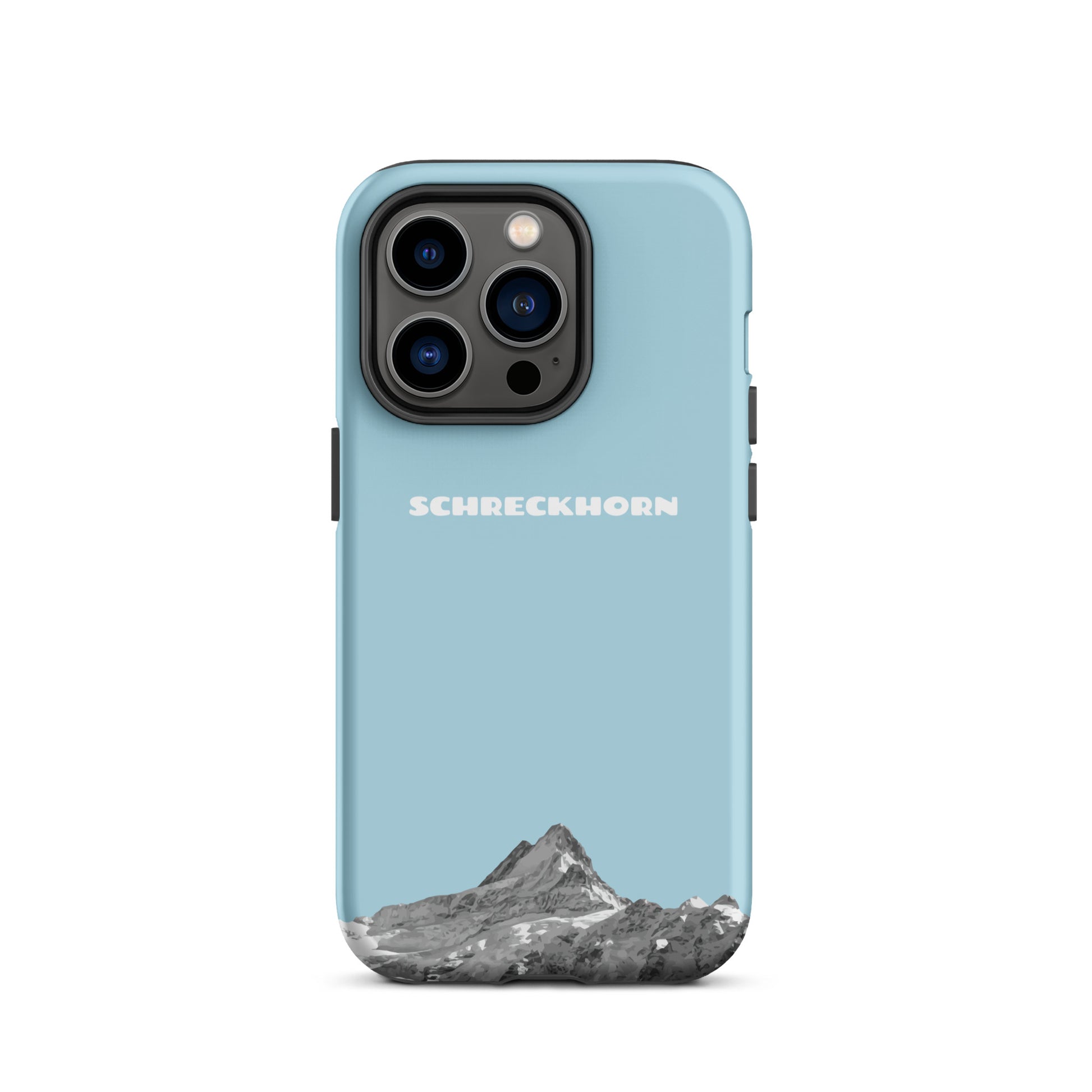 Hellblaue iPhone 14 Pro Hülle mit Schreckhorn-Motiv aus robustem Kunststoff.