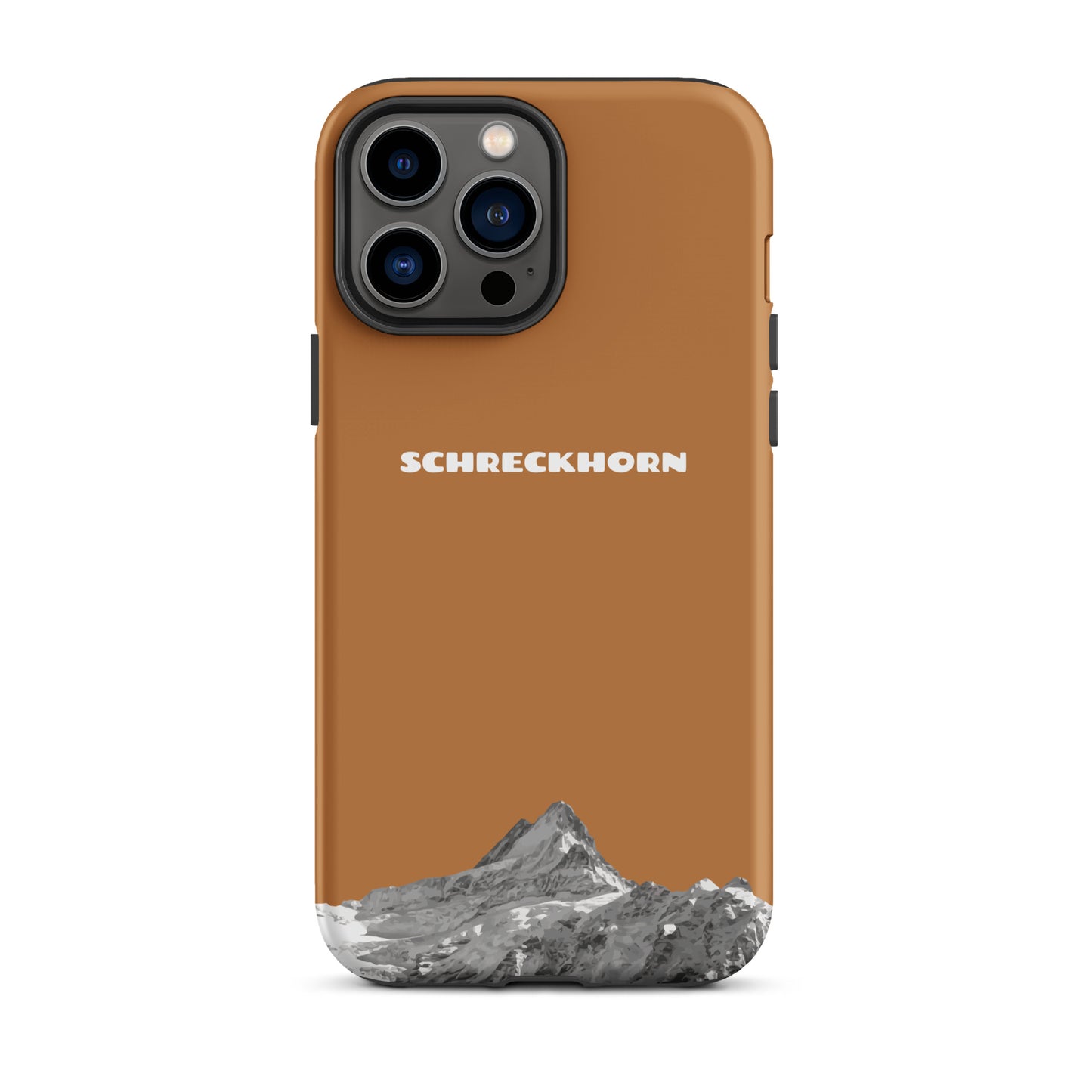 Kupferfarbene iPhone 13 Pro Max Hülle mit Schreckhorn-Design, robuste Schutzhülle aus hochwertigem Material.
