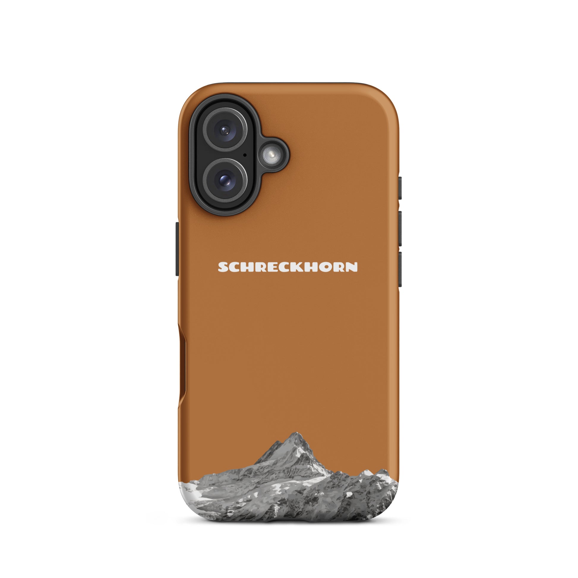 Kupferfarbene iPhone 16 Hülle mit Schreckhorn-Design, robust und stylisch