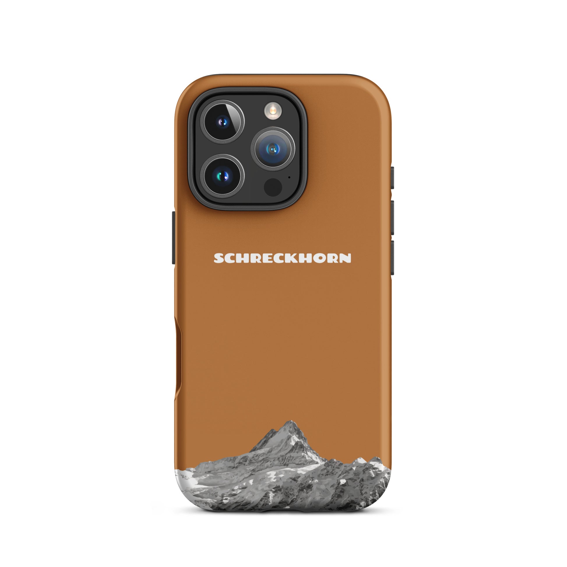 Kupferfarbene iPhone 16 Pro Handyhülle mit Schreckhorn-Motiv, robustes Design, präzise Aussparungen.
