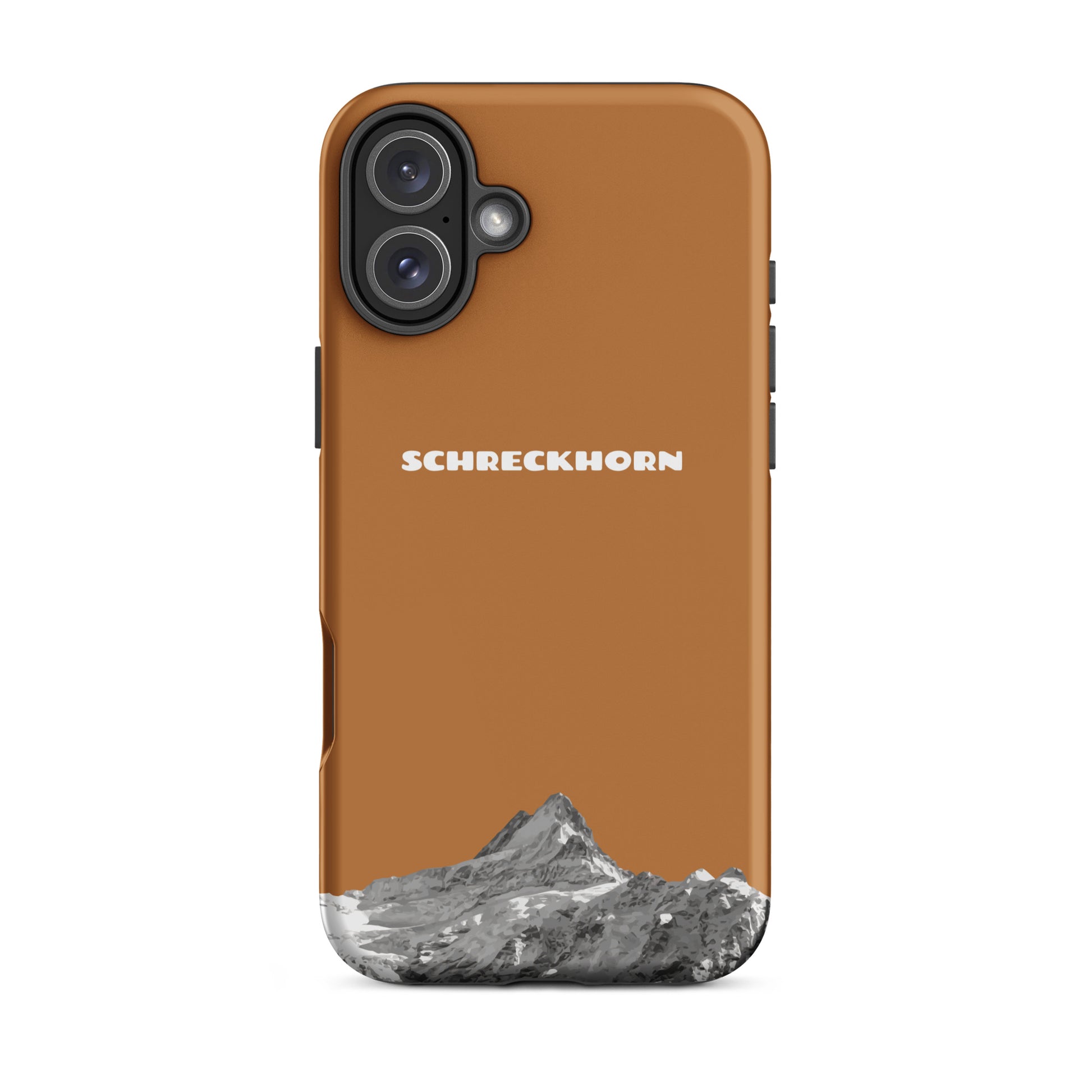Kupferfarbene iPhone 16 Plus Hülle mit Schreckhorn-Motiv, robustes Design, präzise Aussparungen