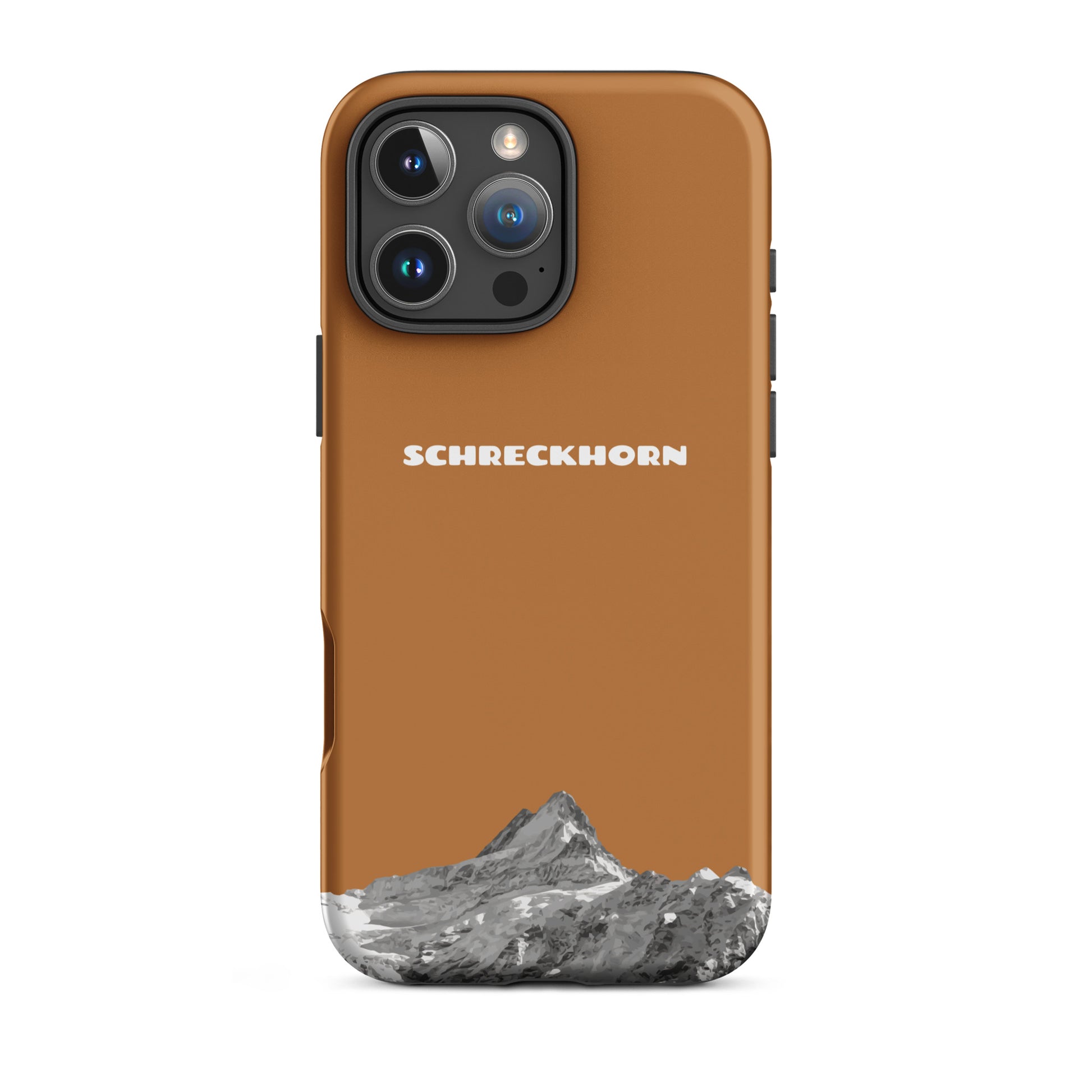Kupferfarbene iPhone 16 Pro Max Hülle mit Schreckhorn-Motiv, robustes Design.