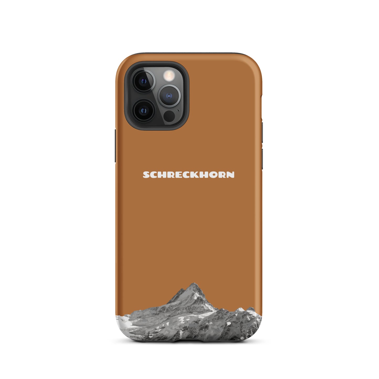 Kupferfarbene iPhone 12 Pro Handyhülle mit Schreckhorn-Motiv, robustes Design aus hochwertigem Material.
