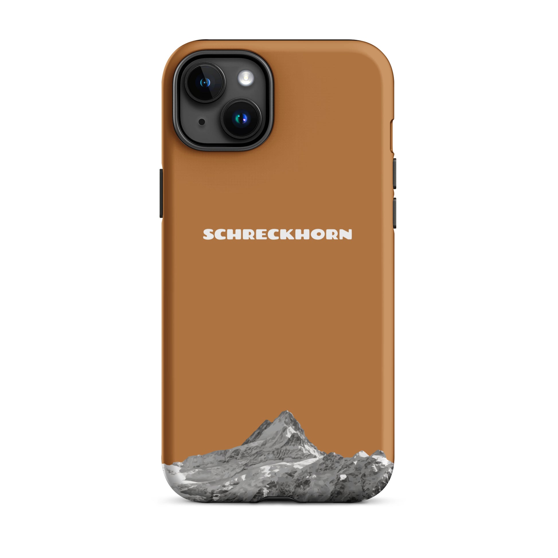Kupferfarbene iPhone 15 Plus Hülle mit Schreckhorn-Motiv, robustes Design