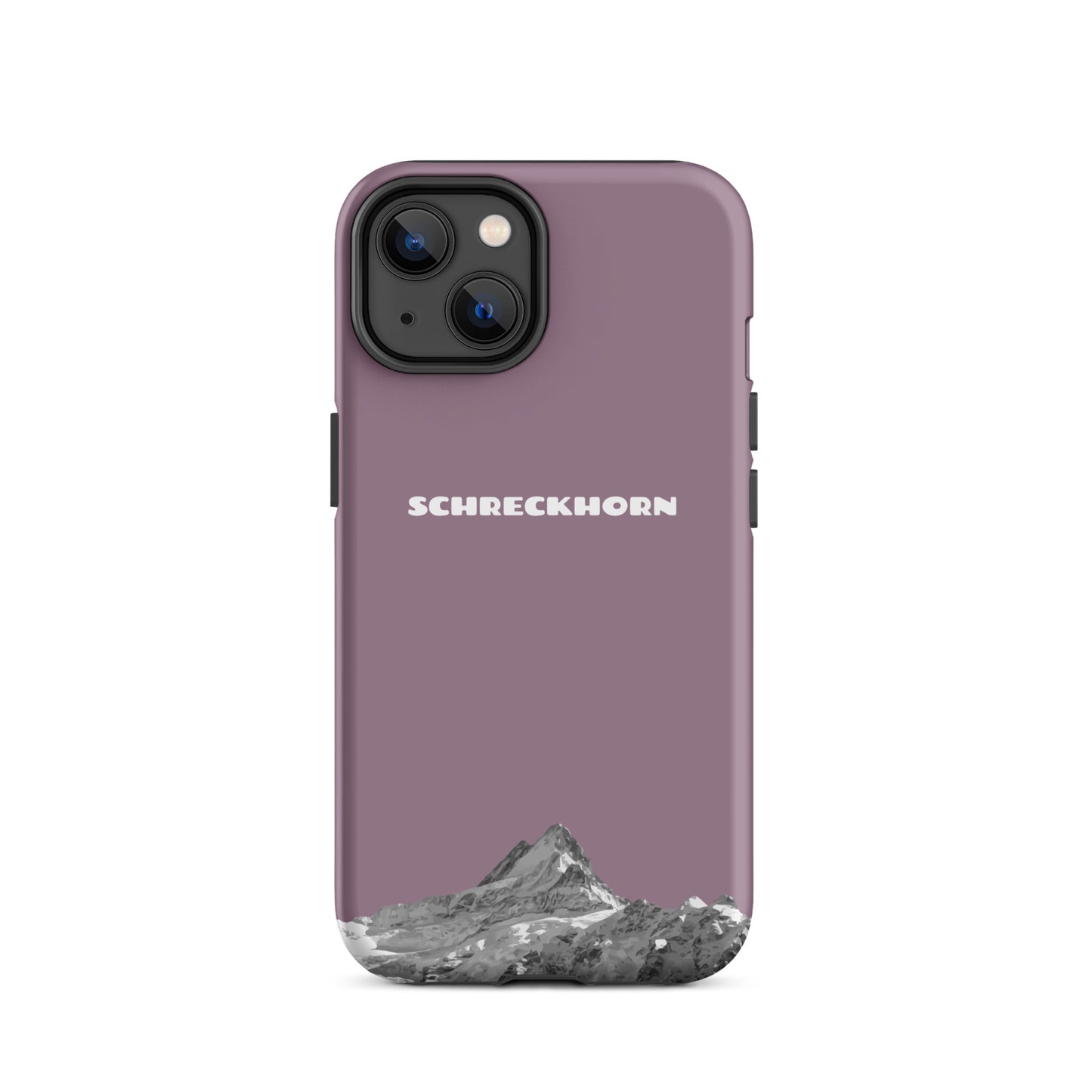 Pastellviolette iPhone 14 Hülle mit Schreckhorn-Motiv, stoßfestes Silikonmaterial.