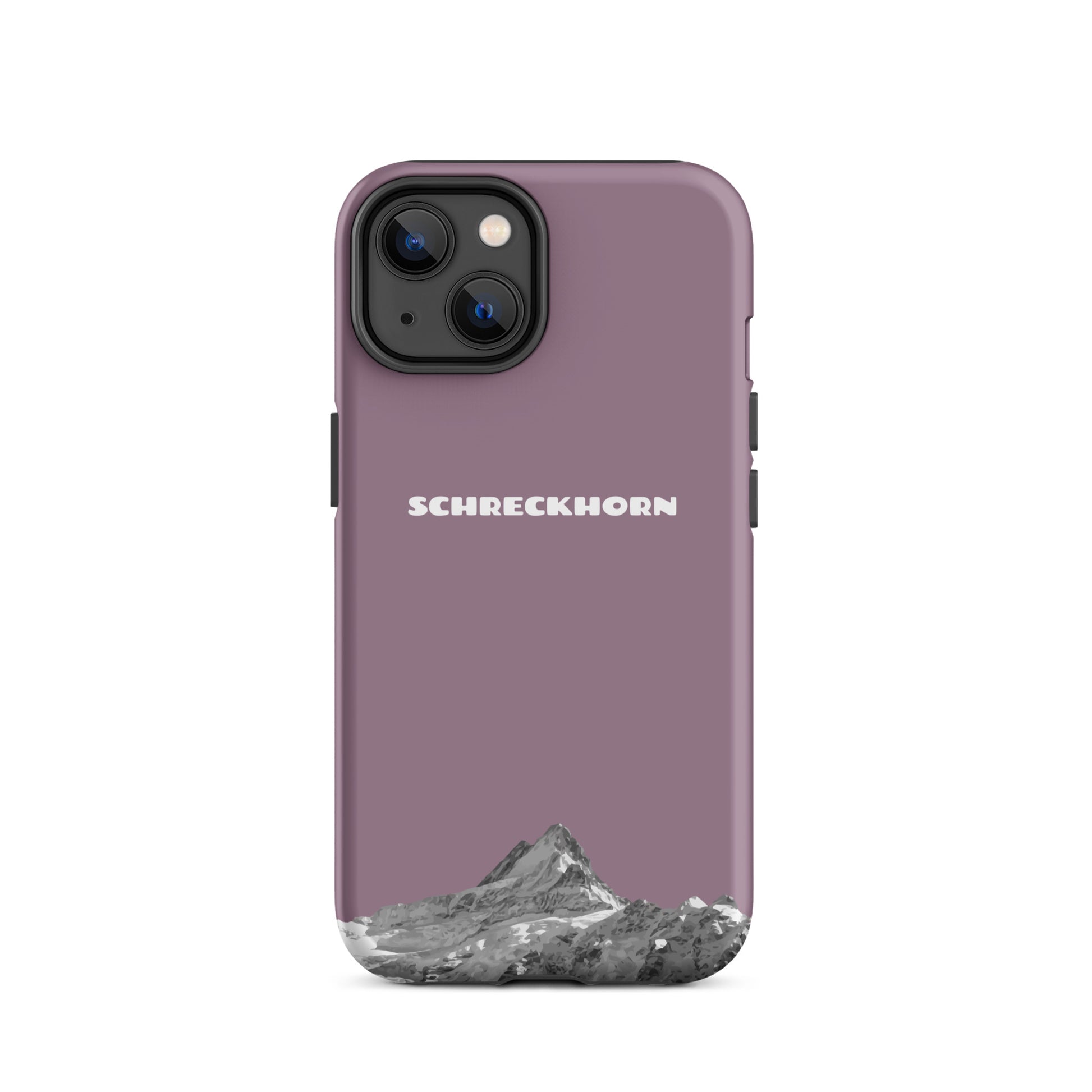 Pastellviolette iPhone 14 Hülle mit Schreckhorn-Motiv, stoßfestes Silikonmaterial.