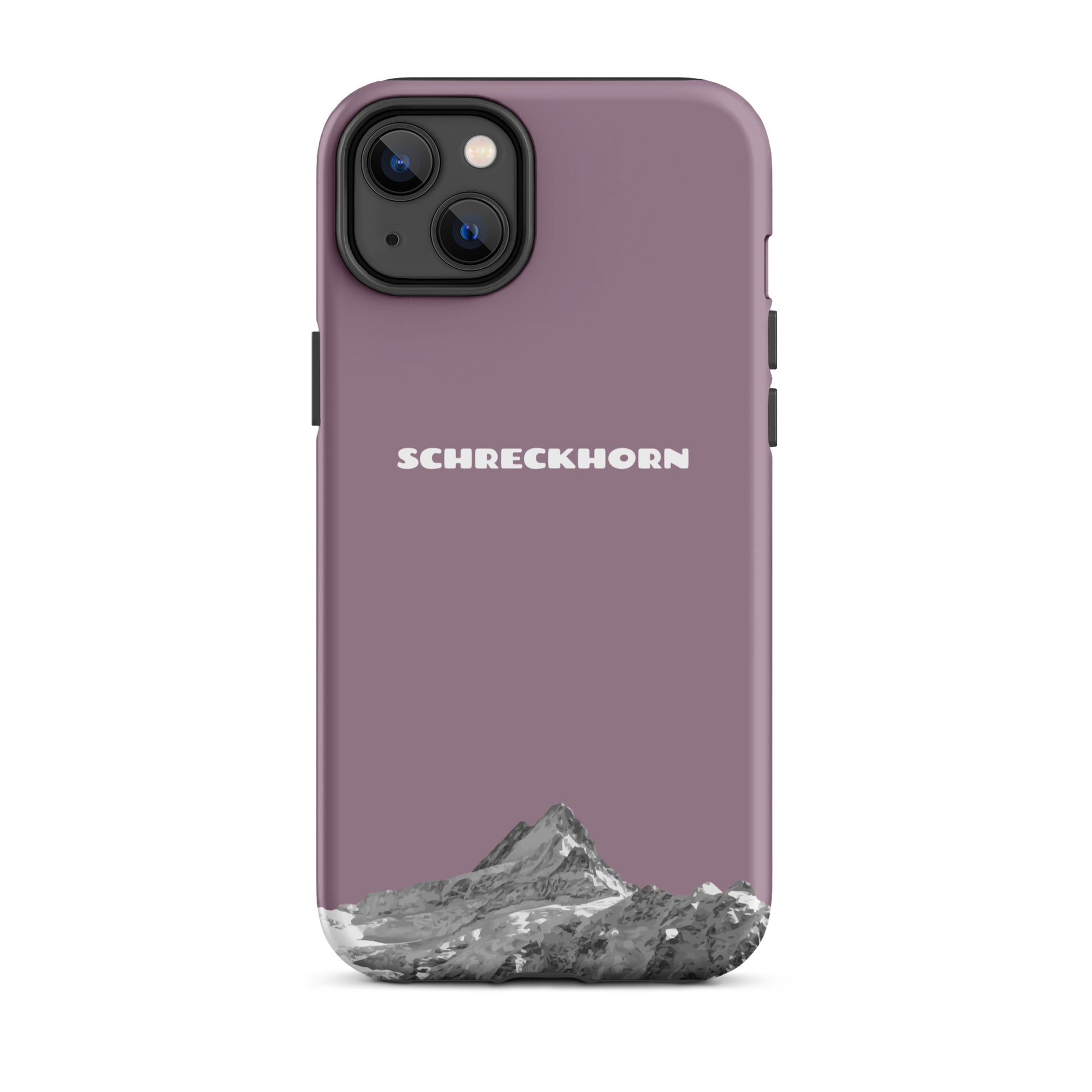 iPhone 14 Plus Hülle in Pastellviolett mit Schreckhorn-Motiv, stoßfest und elegant.
