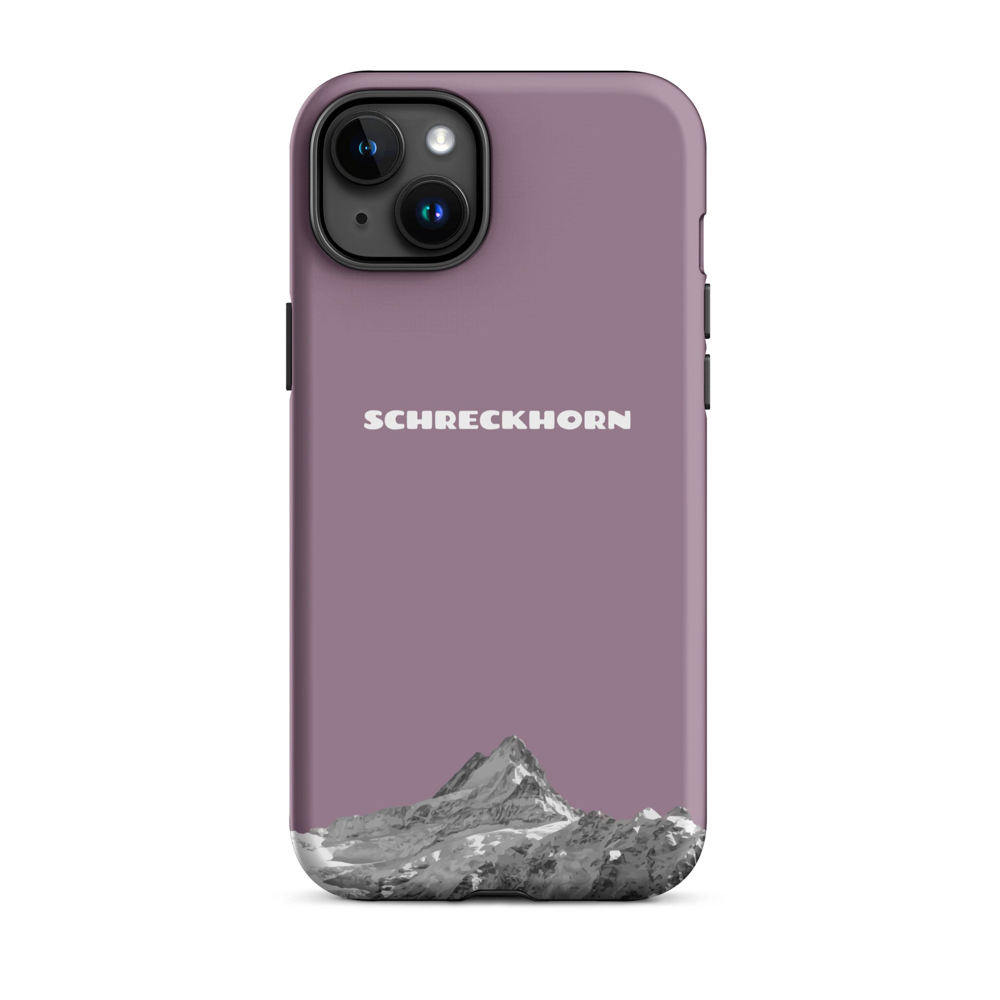 Pastellviolette iPhone 15 Plus Hülle mit Schreckhorn-Motiv aus robustem Kunststoff