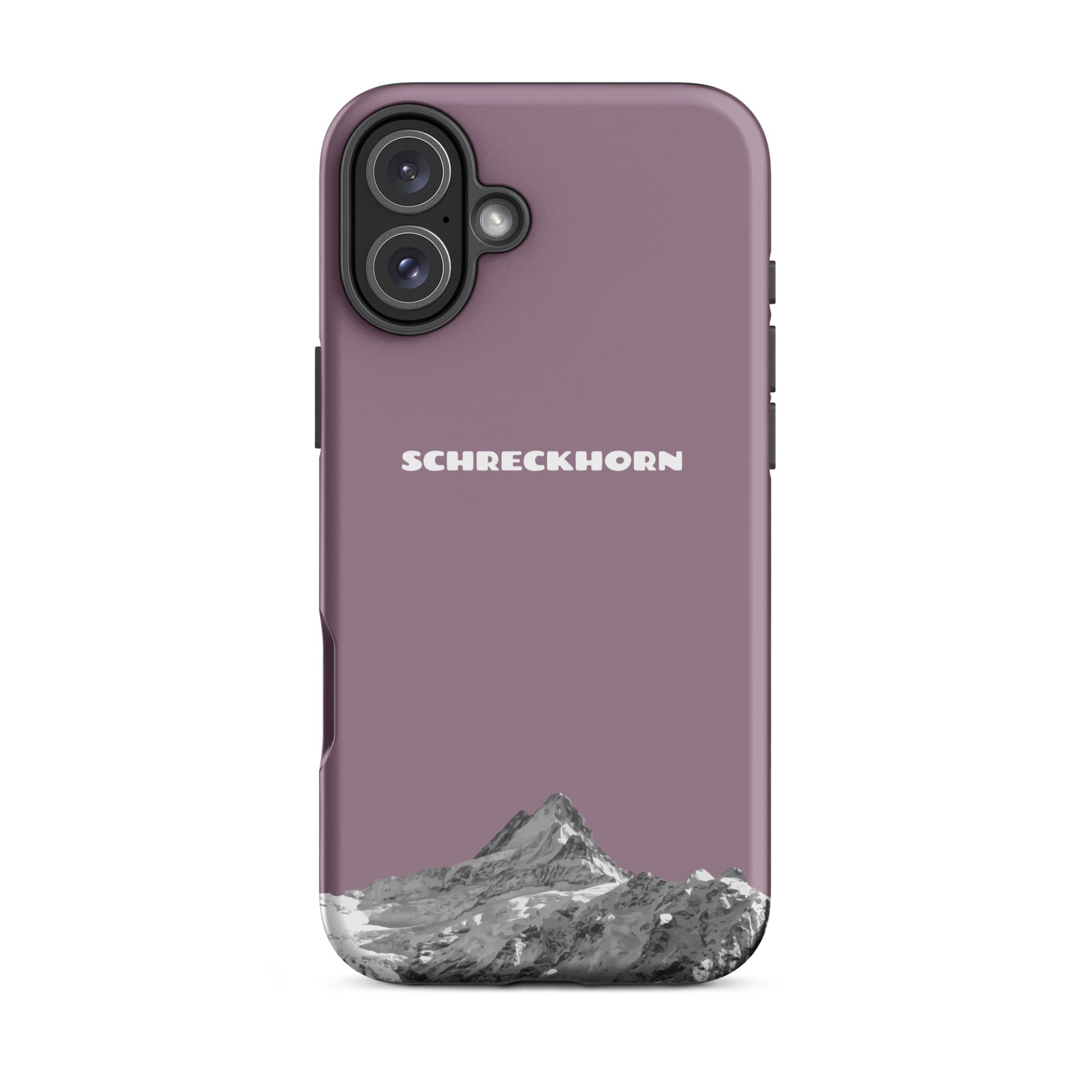 Pastellviolette iPhone 16 Plus Hülle mit Schreckhorn-Motiv aus robustem Kunststoff