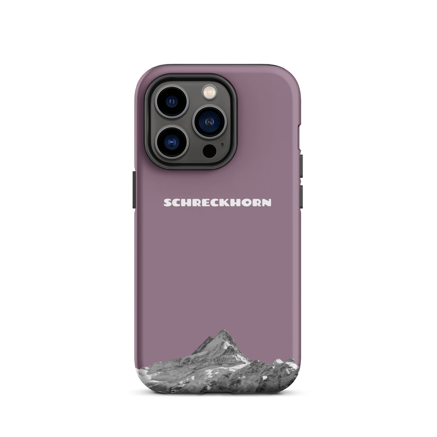 Pastellviolette iPhone 14 Pro Hülle mit Schreckhorn-Motiv aus robustem Kunststoff