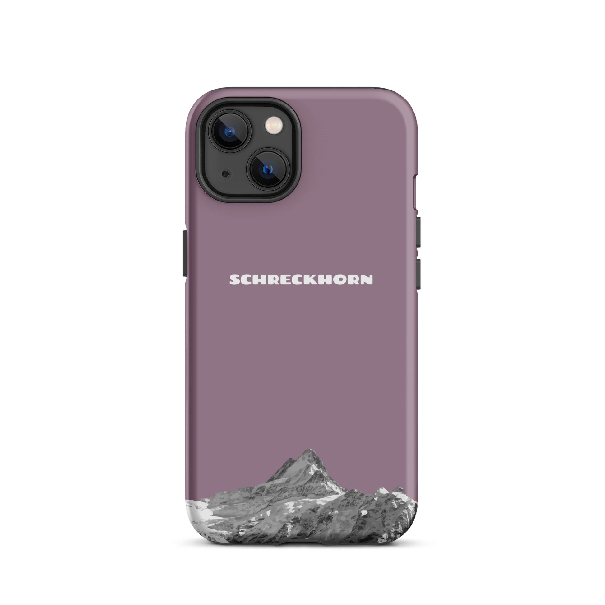 Pastellviolette iPhone 13 Hülle mit Schreckhorn-Motiv, dünn und leicht, präzise Aussparungen.