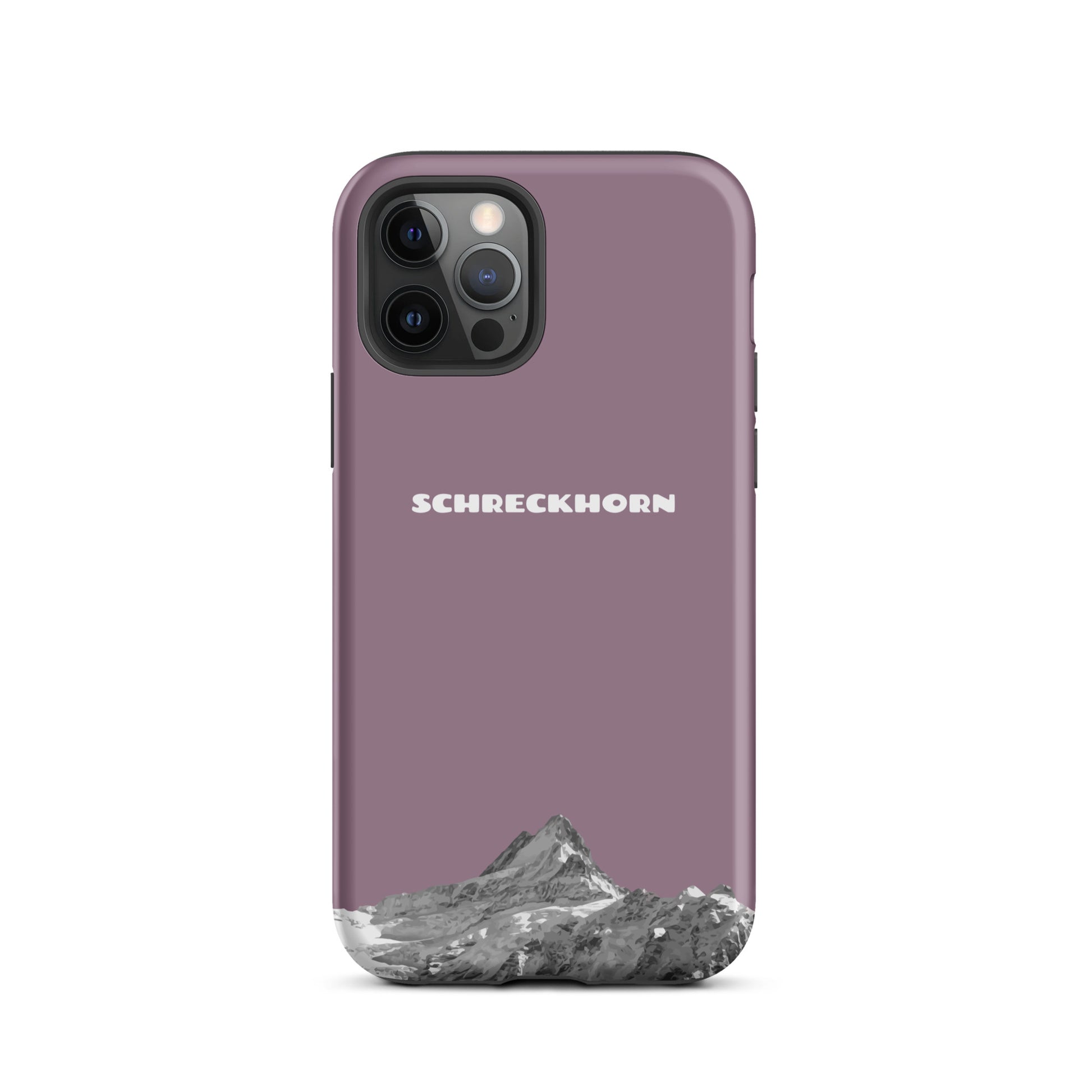 Pastellviolette iPhone 12 Pro Hülle mit Schreckhorn-Motiv aus robustem Kunststoff