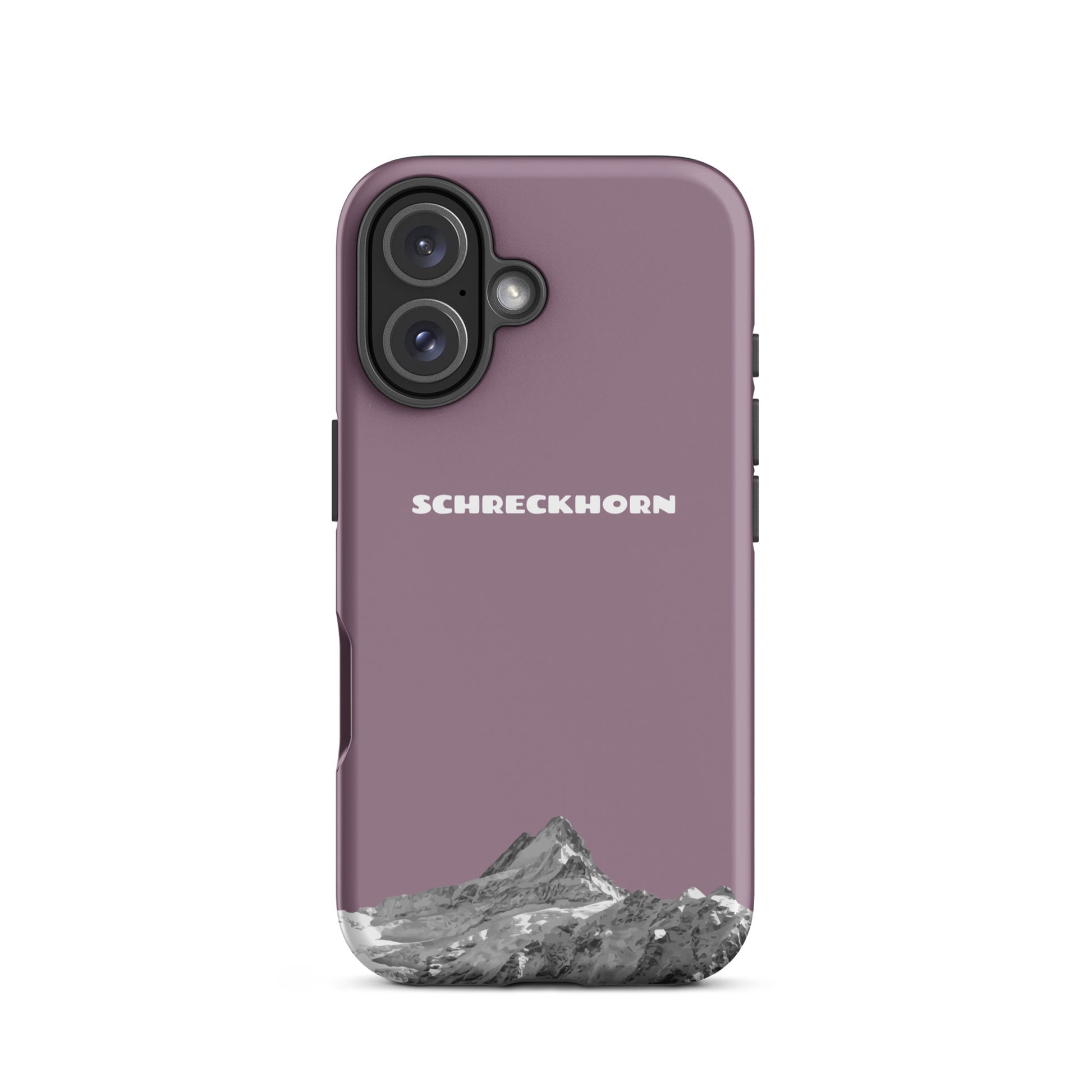 iPhone 16 Hülle in Pastellviolett mit Schreckhorn-Motiv, stoßfestes Silikon