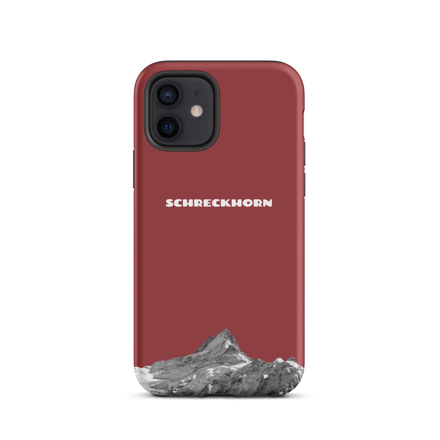 Rote iPhone 12 Hülle mit Schreckhorn-Motiv aus strapazierfähigem Silikon.