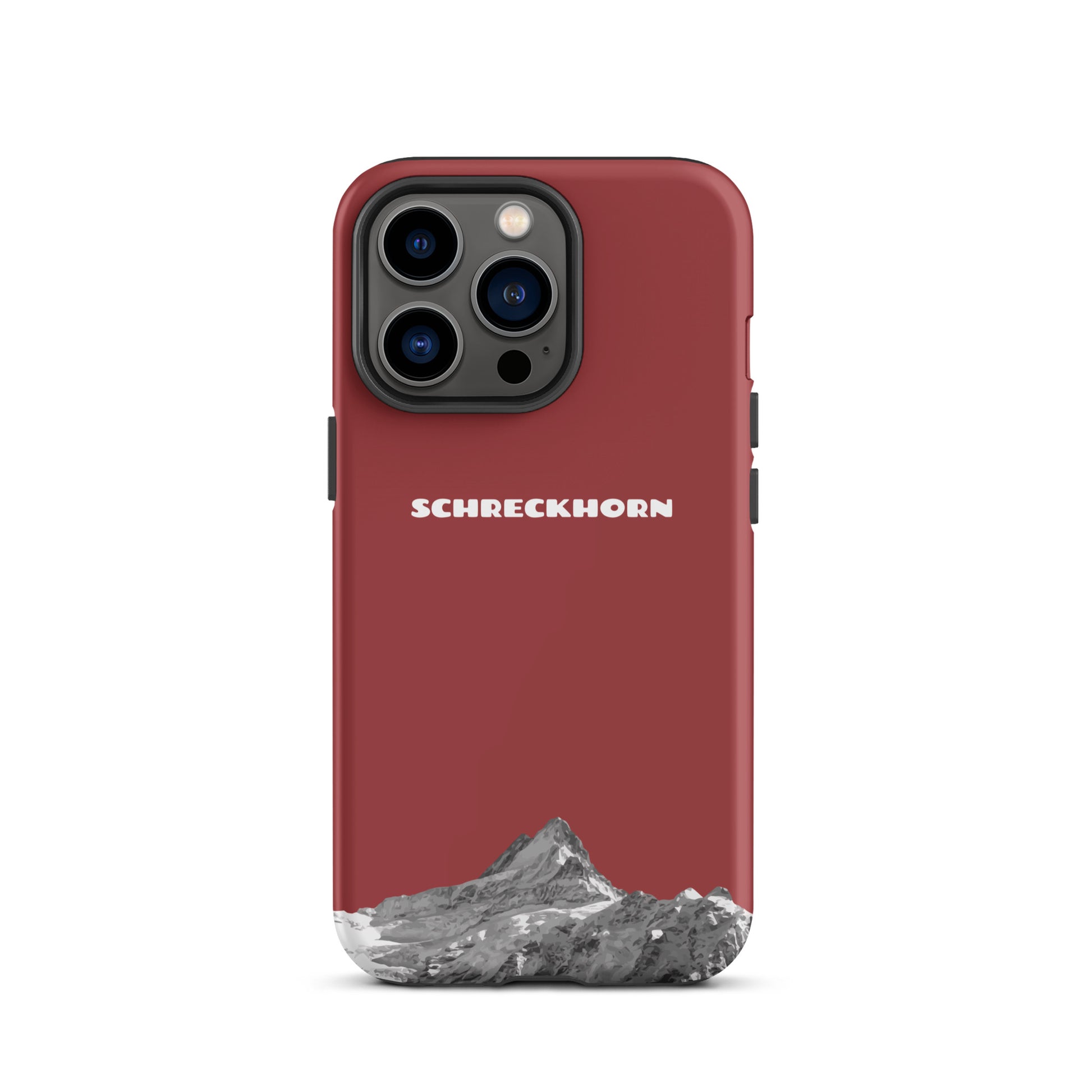 Rote iPhone 13 Pro Handyhülle mit Schreckhorn-Motiv aus robustem Kunststoff.