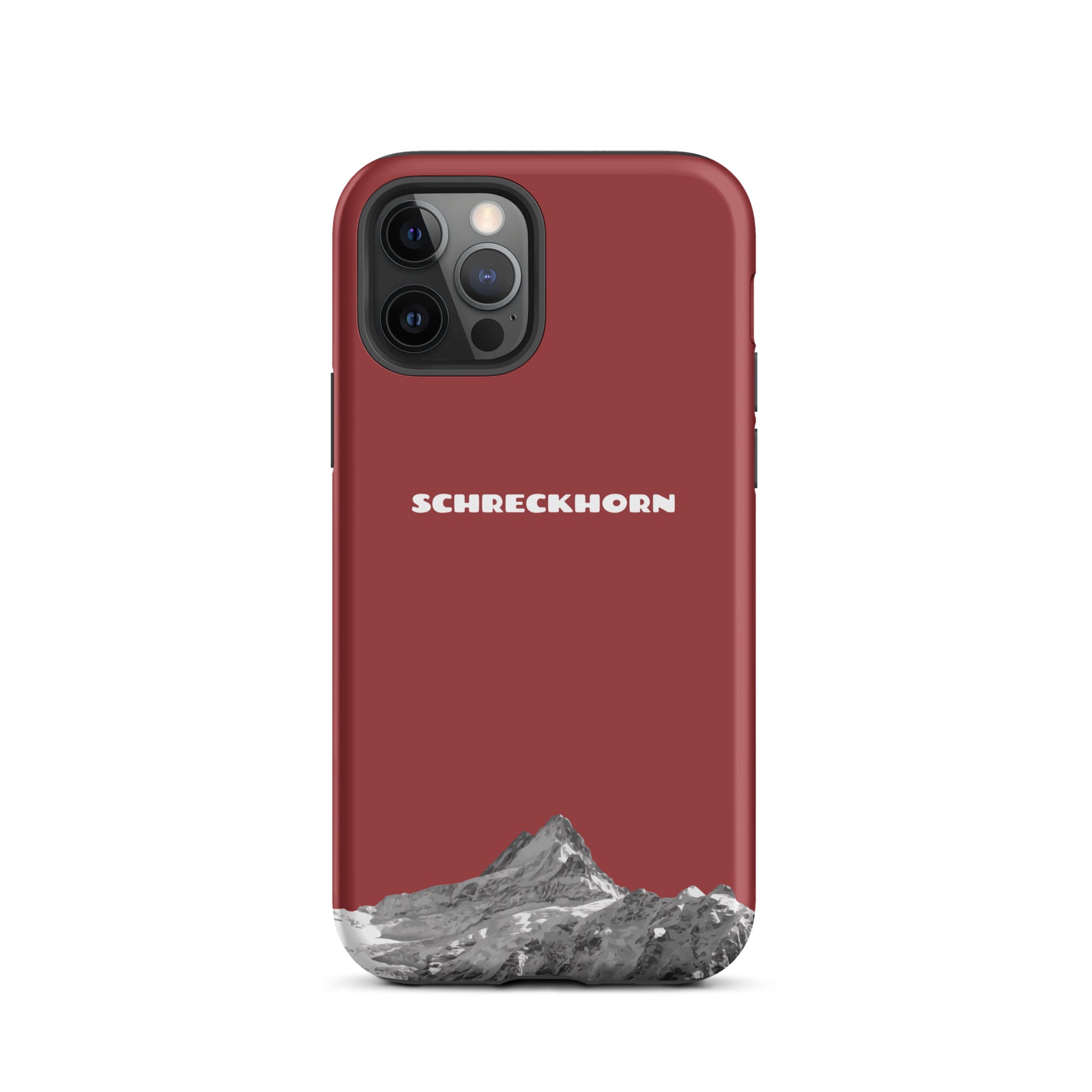 Rote iPhone 12 Pro Handyhülle mit Schreckhorn-Motiv aus robustem Kunststoff
