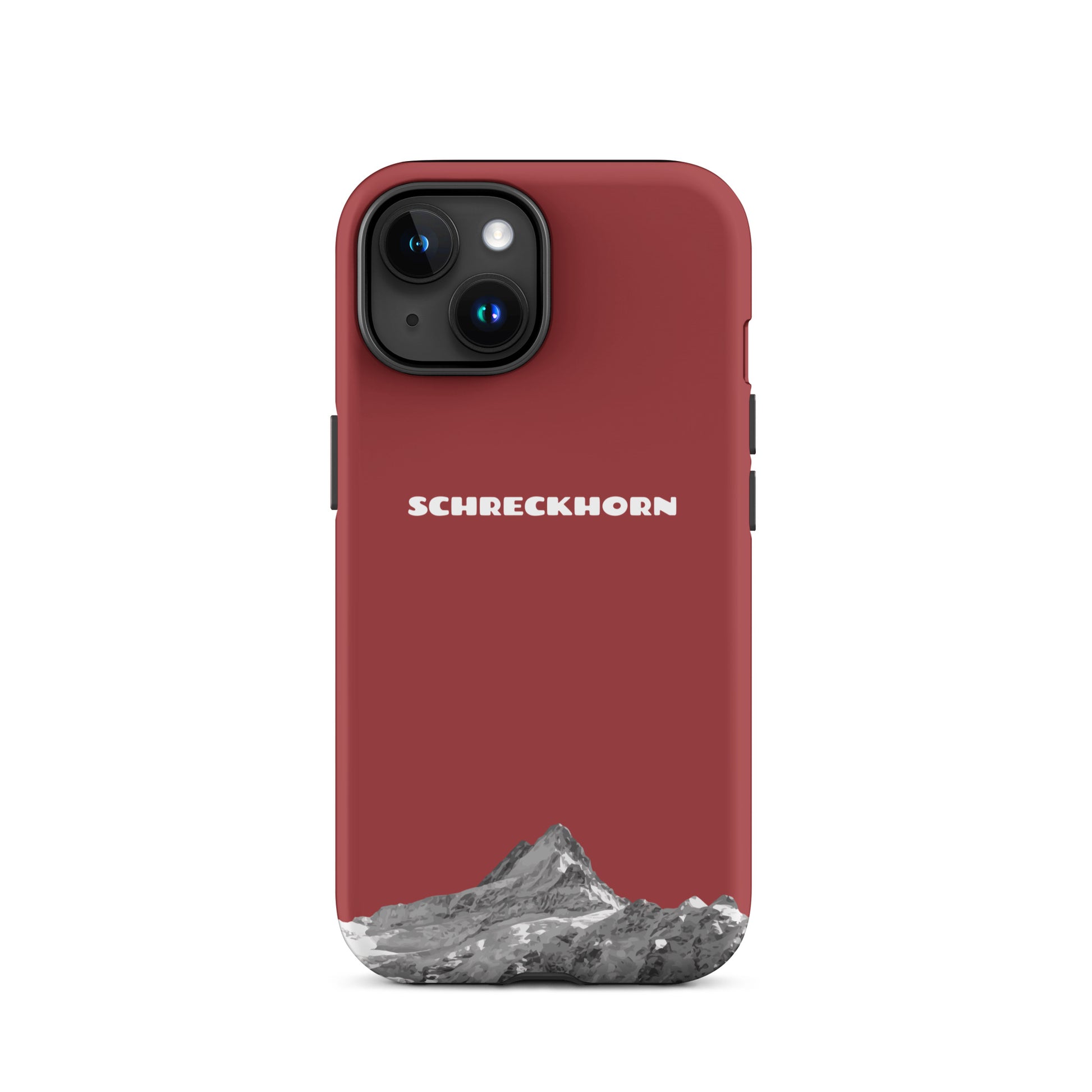 Rote iPhone 15 Handyhülle mit Schreckhorn-Motiv aus robustem Material