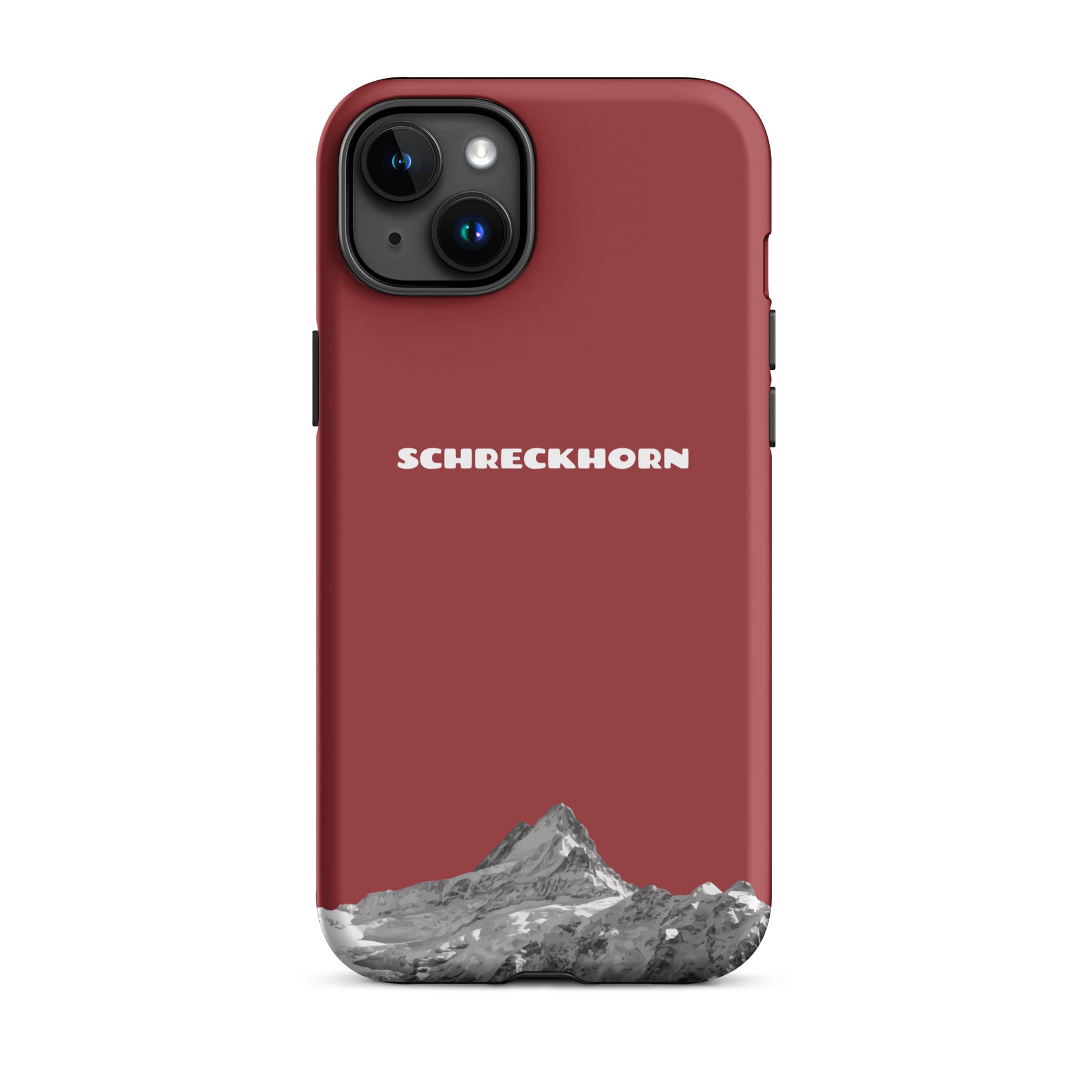 Robuste iPhone 15 Plus Hülle in Rot mit Schreckhorn-Motiv, stoßfest und aus hochwertigem Material.
