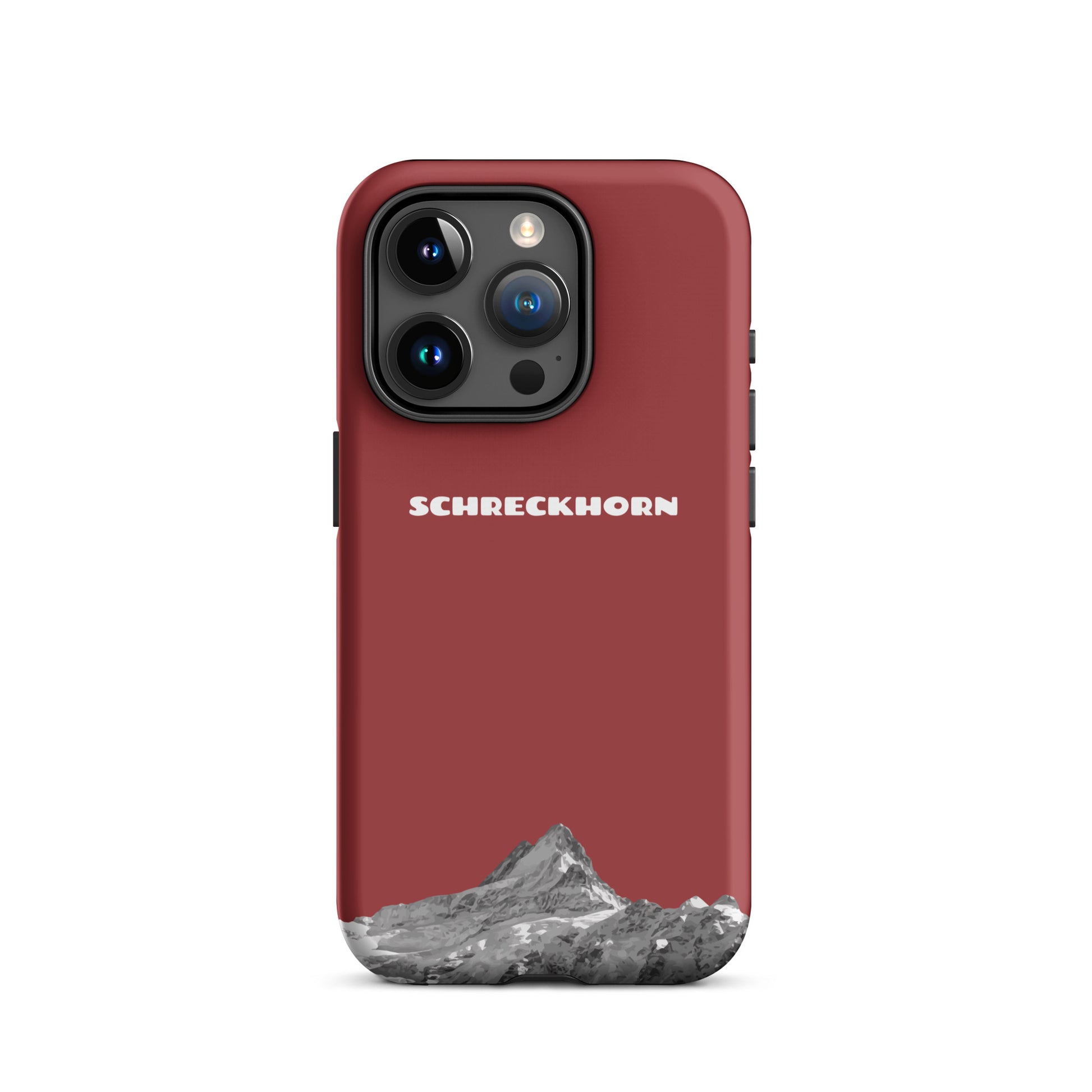 Rote iPhone 15 Pro Handyhülle mit Schreckhorn-Motiv aus robustem Kunststoff