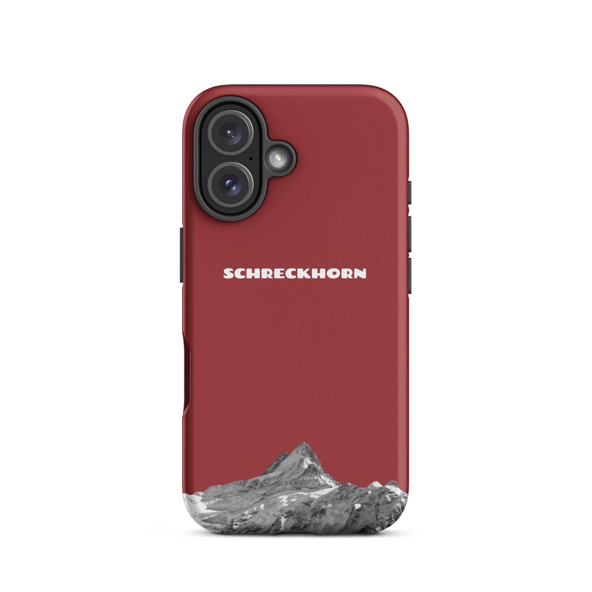 Rote iPhone-Hülle mit Schreckhorn-Design, passend für Apple iPhone 16, aus strapazierfähigem Material.
