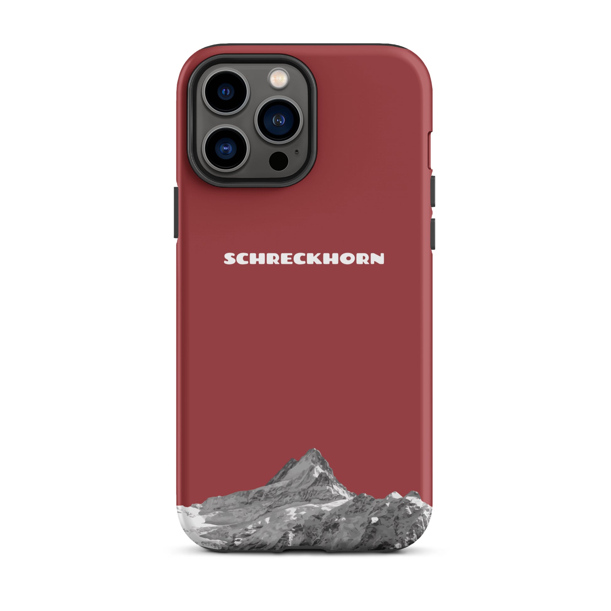 Rote iPhone 13 Pro Max Hülle mit Schreckhorn-Motiv, robustes Design, präzise Aussparungen